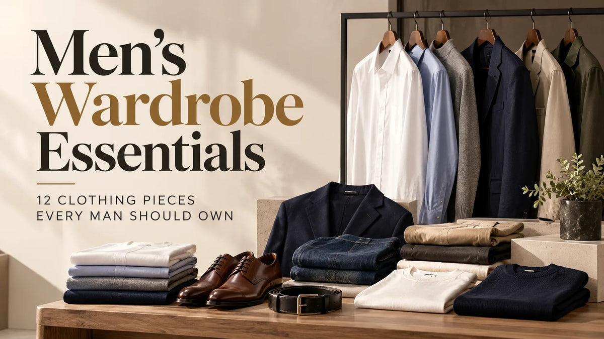 Men's wardrobe essentials featuring shirts, jeans, tailored trousers, blazer and leather shoes