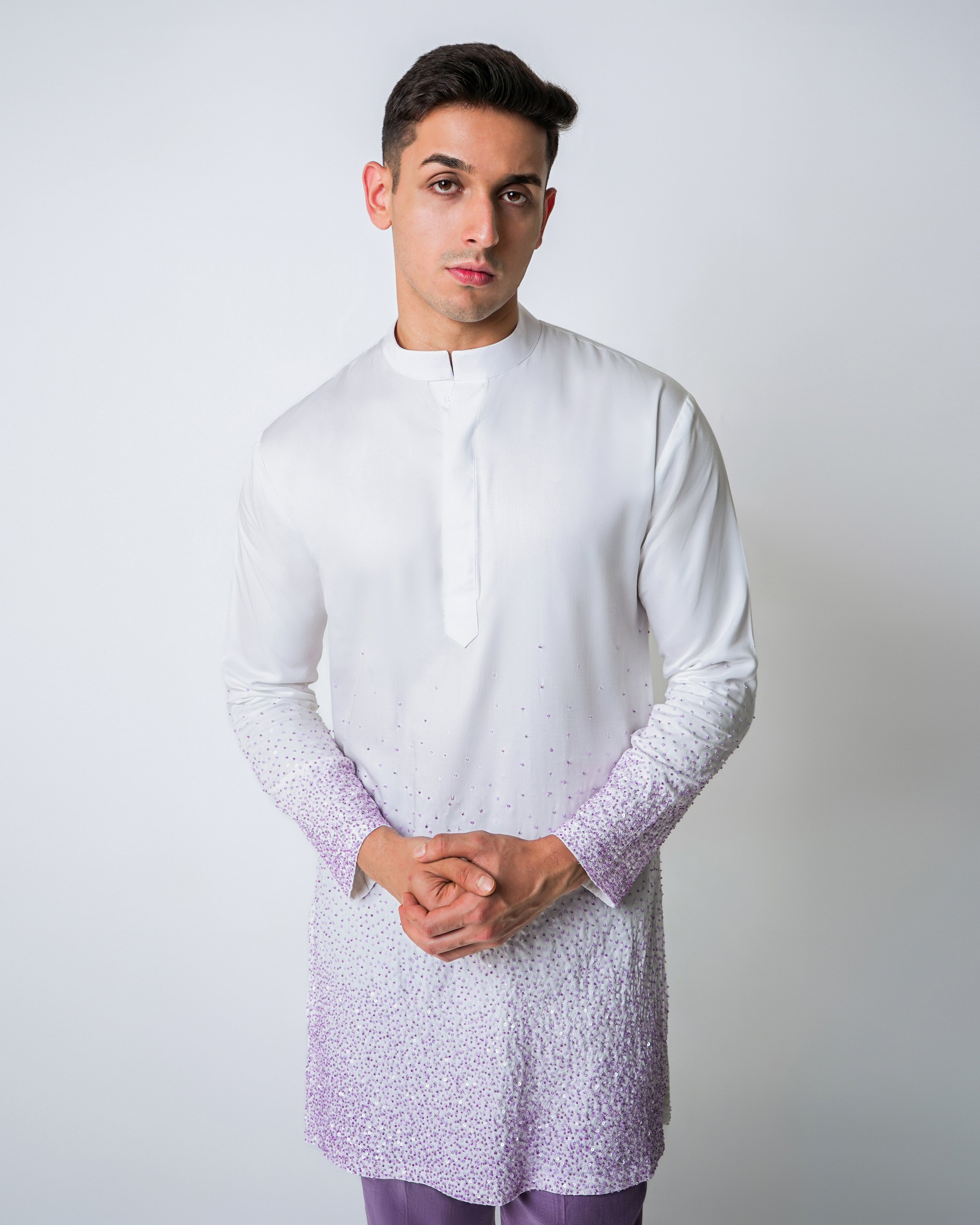 White Tencel Satin with Lilac Beads ombre handwork Kurta Set