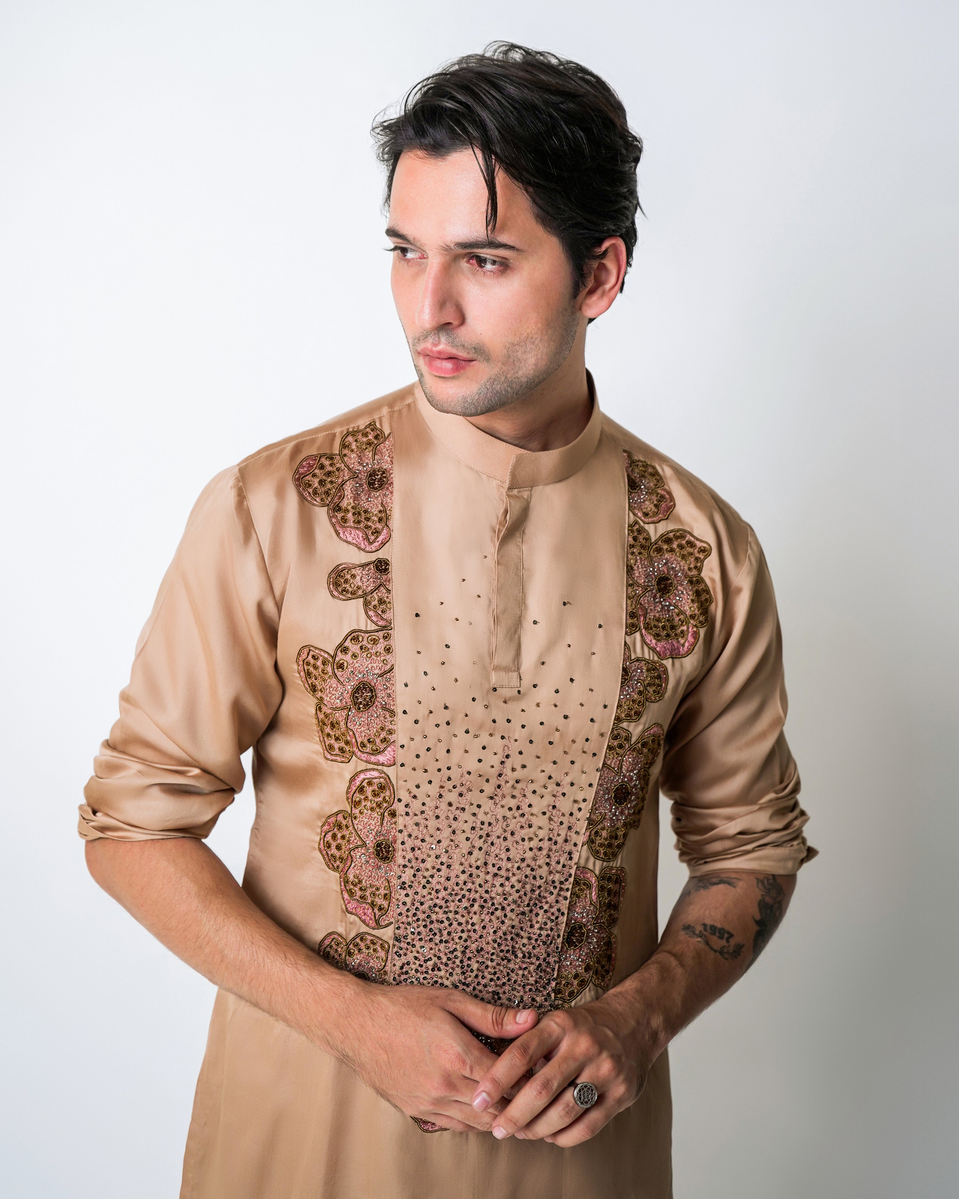 Champagne Tencel Satin coral clusters kurta set