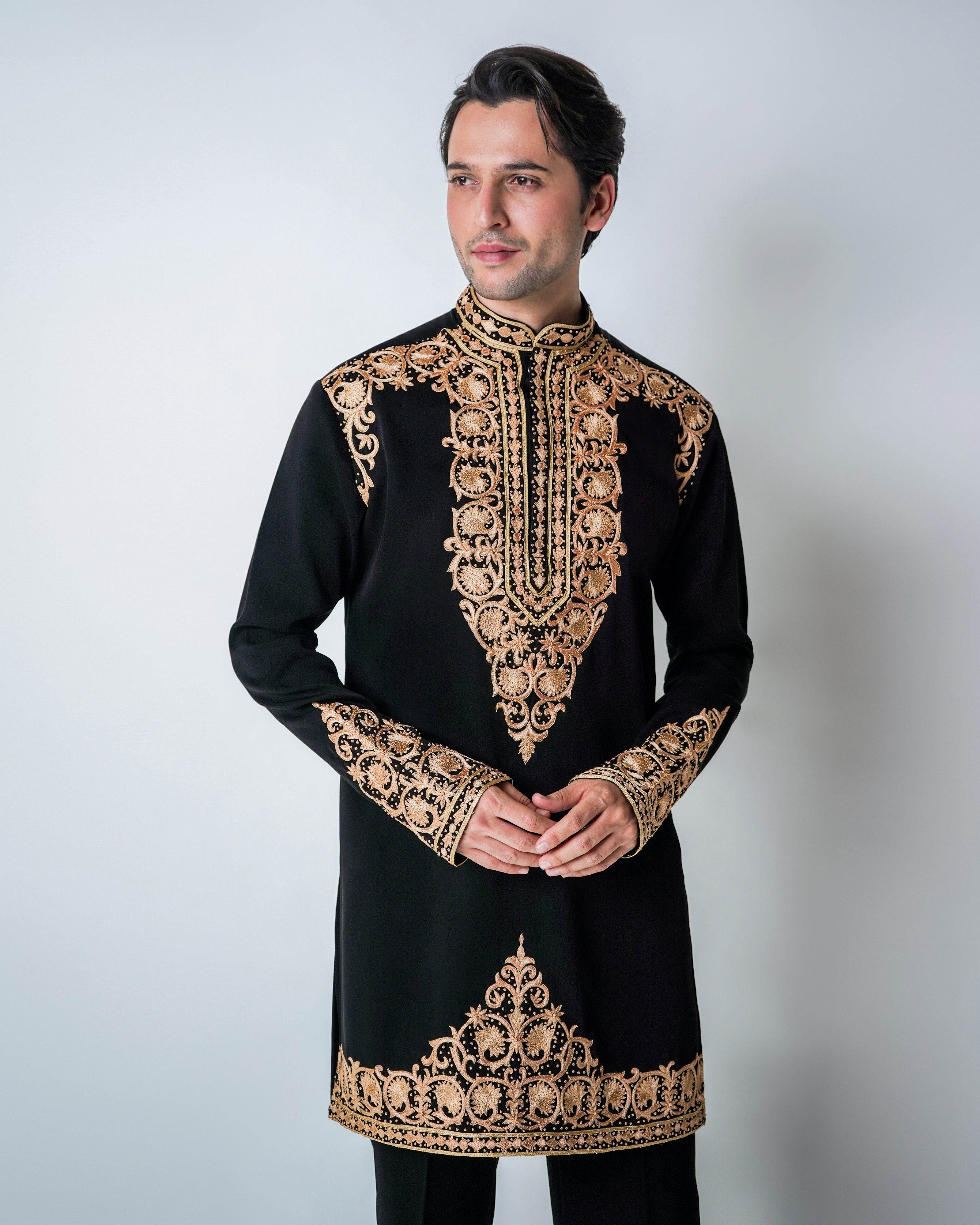 Imperial Noir - Black Wrinkle free Viscose with gold silk hand embroidery kurta set