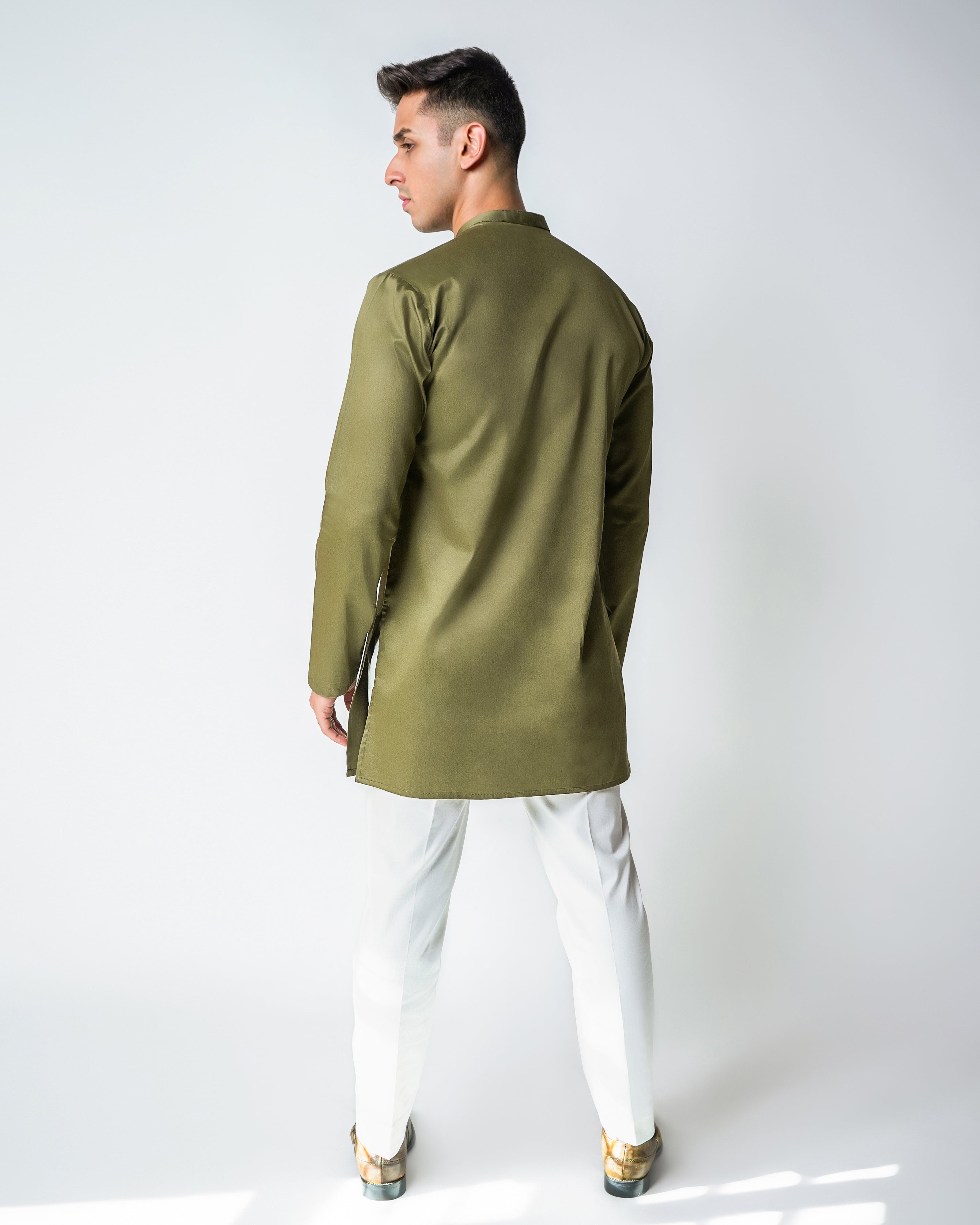 Olive green cotton aaymetric embroidered kurta Set