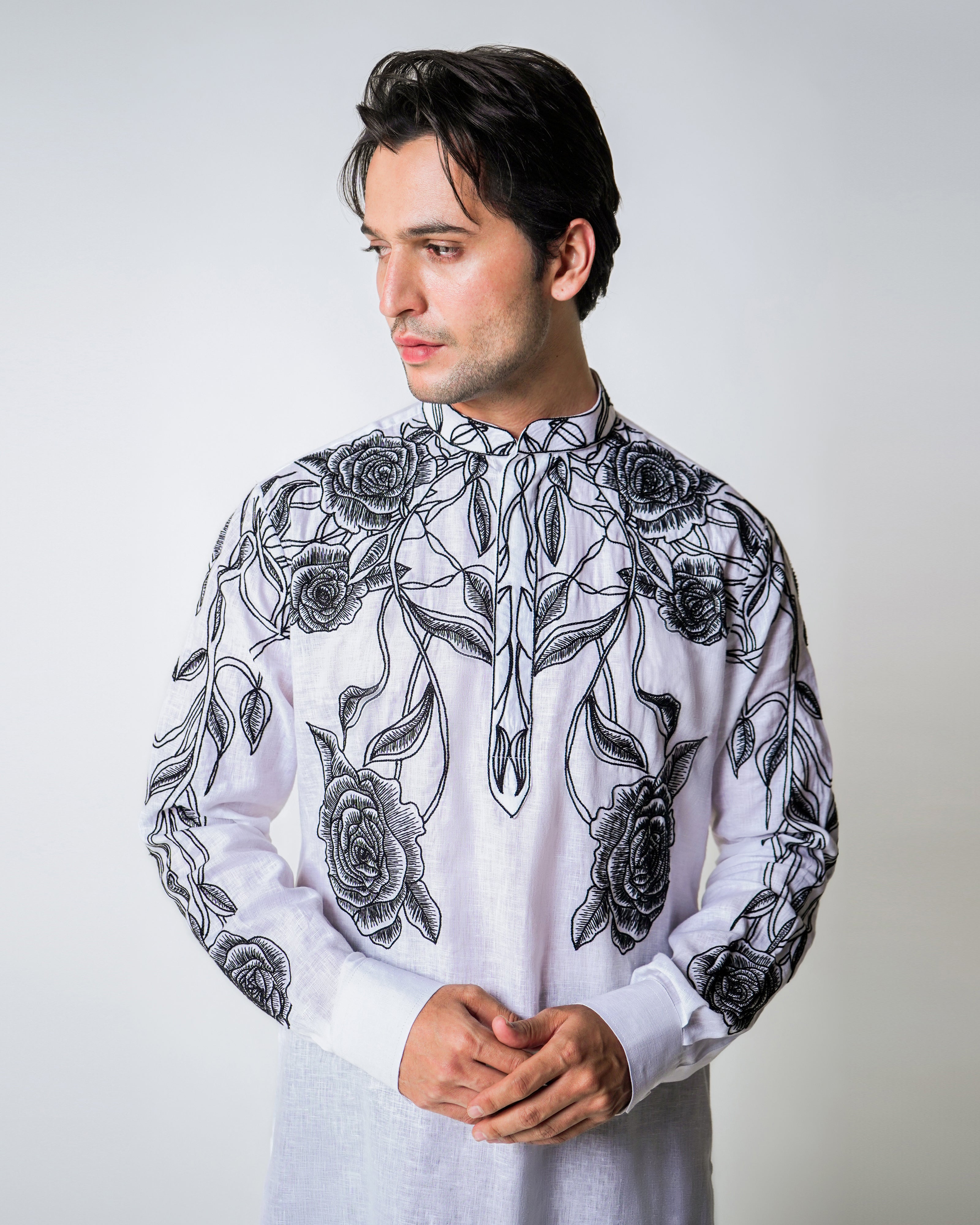 Black & White Linen Shaded acid floral hand embroidery kurta set