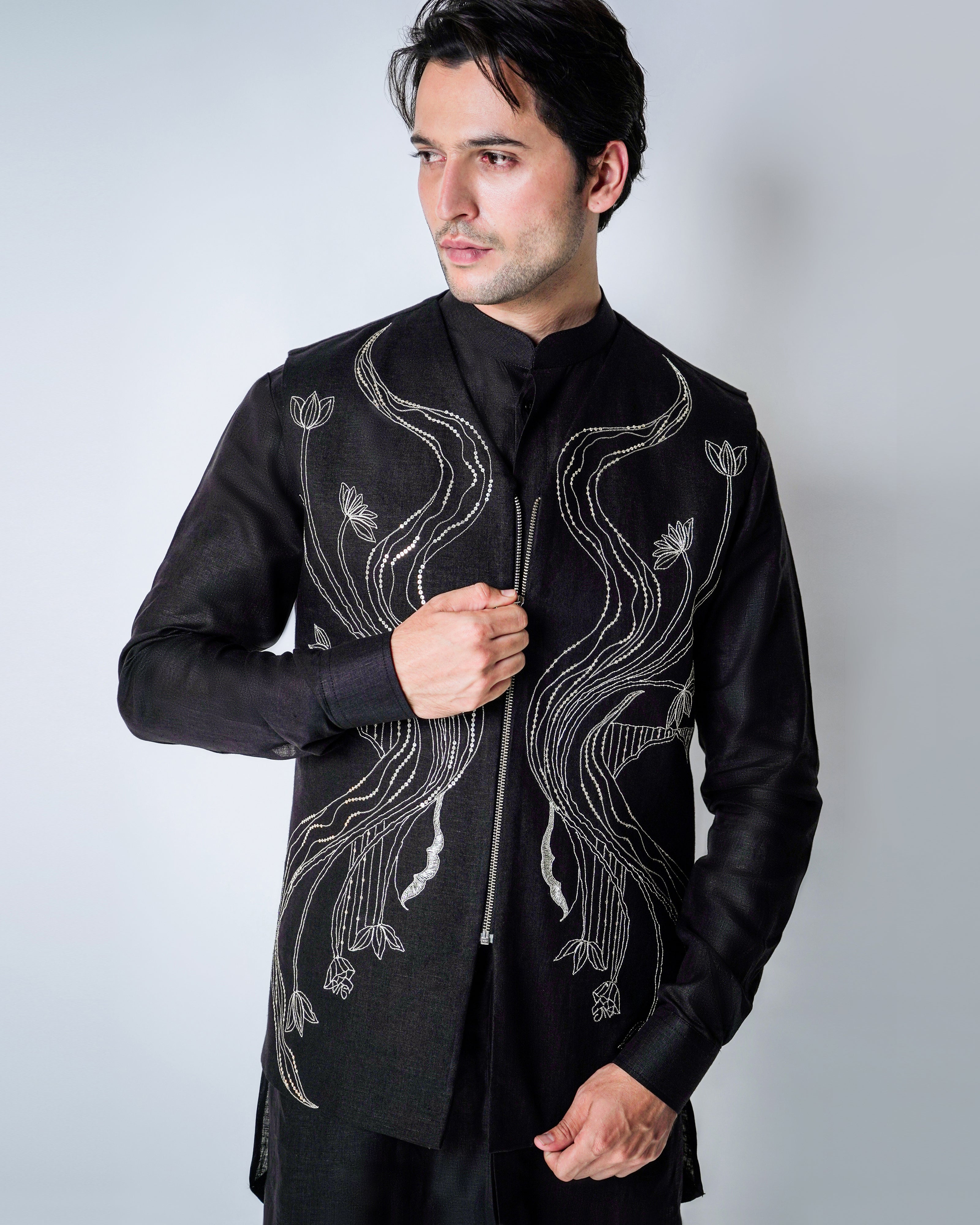 Black Linen Kasab and Metal Disk zipper Handwork bundi set