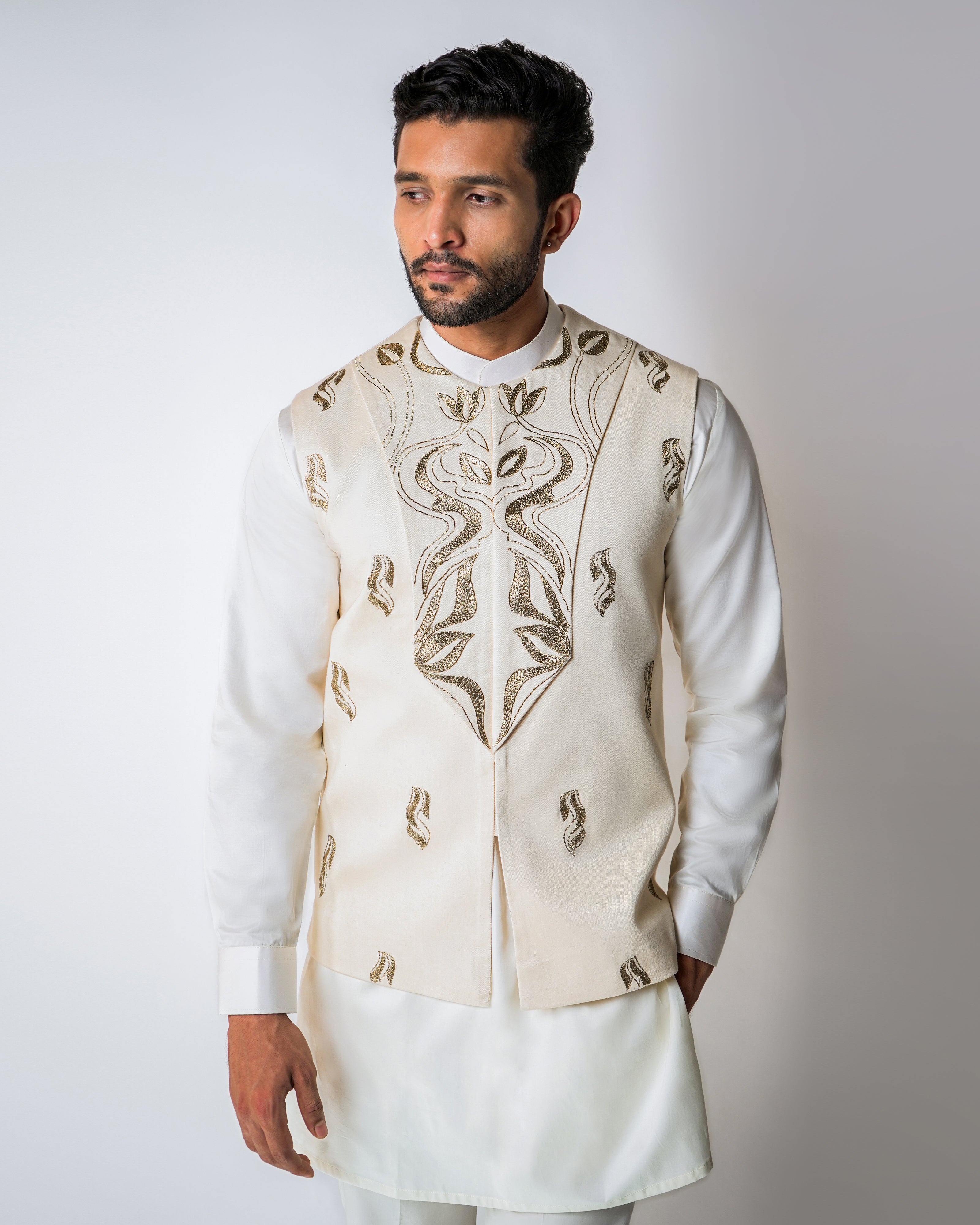 Cream and gold Cotton Kasab Dori Handwork collared bundi set