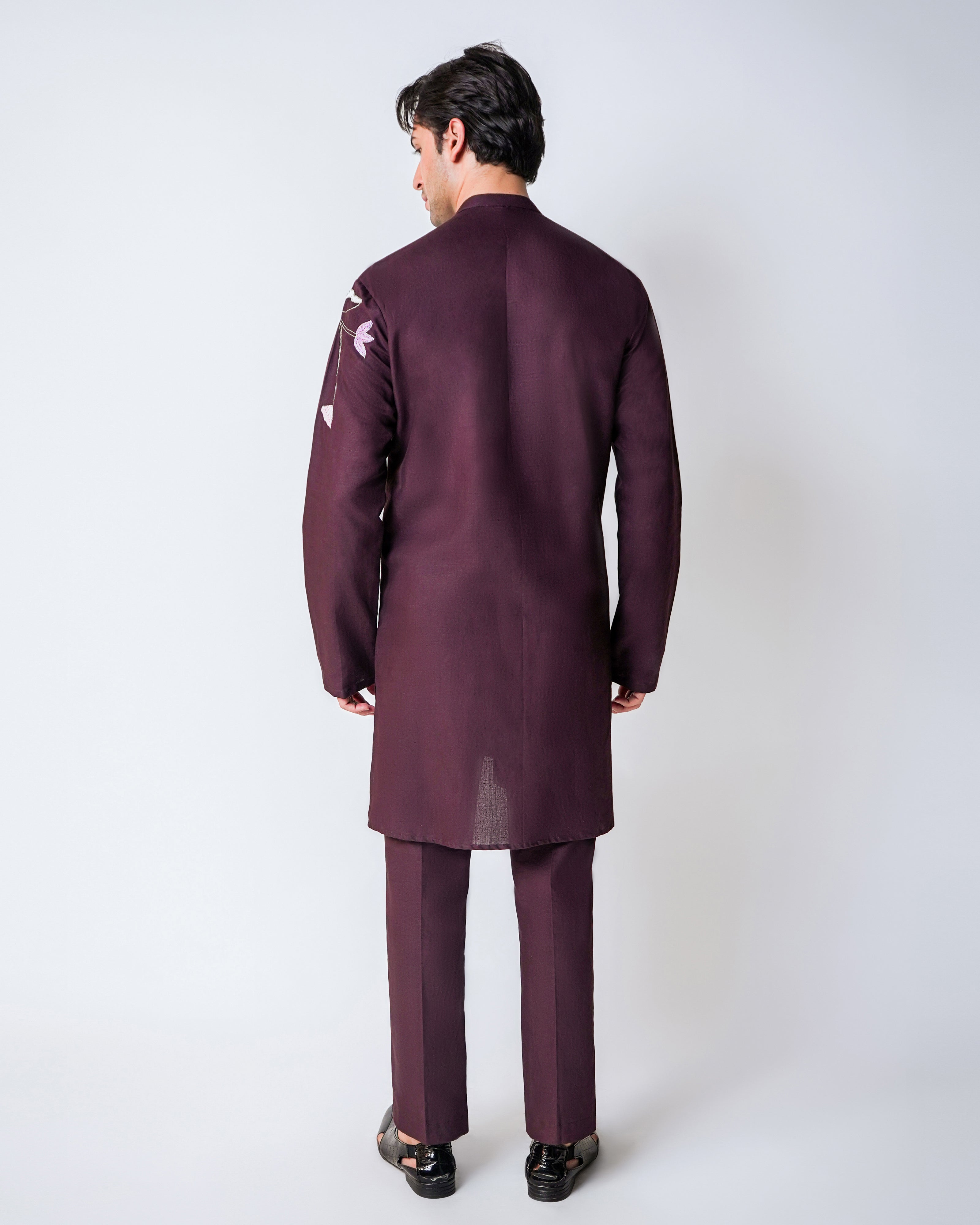 Wine linen with kasab and rafia handwork kurta set