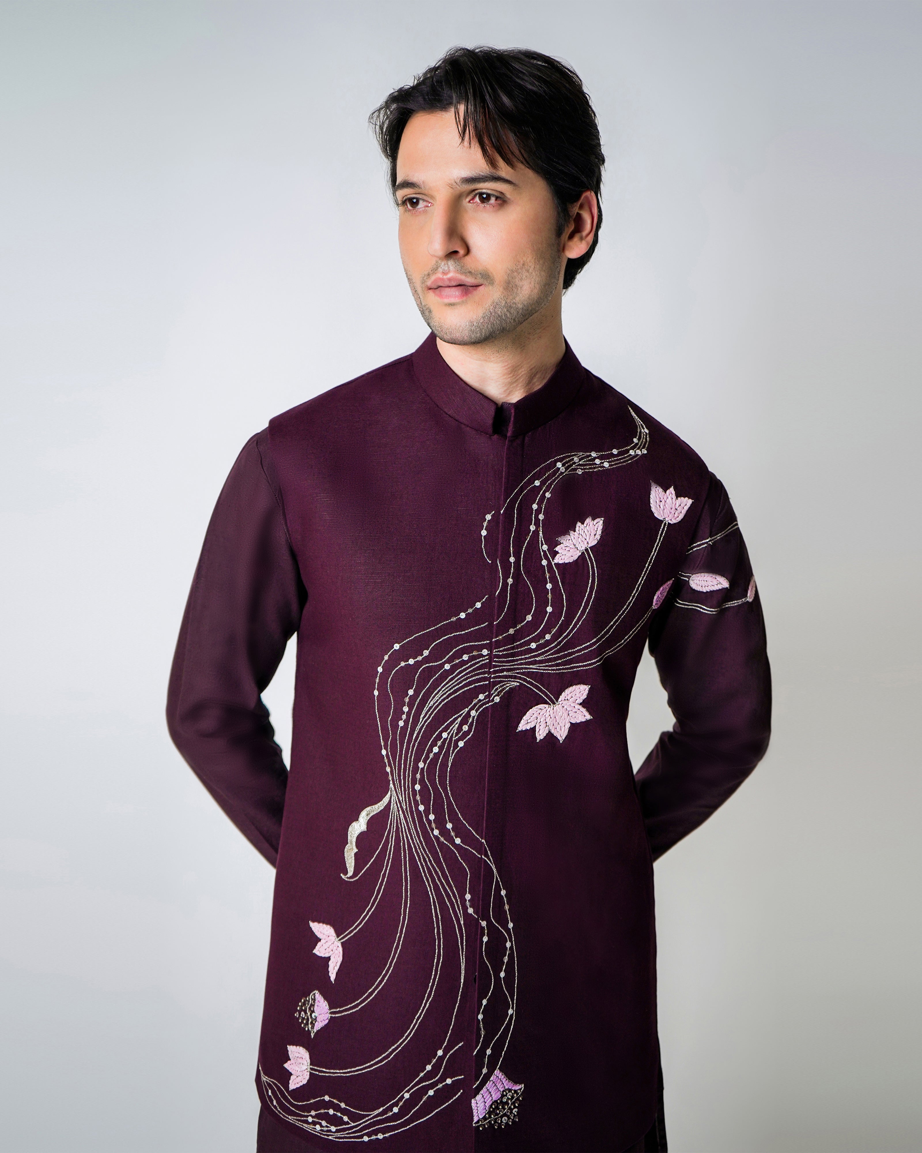 Deep Wine Linen with assymteric 3D Raffia and silver Kasab Handwork withm metal discs bundi set