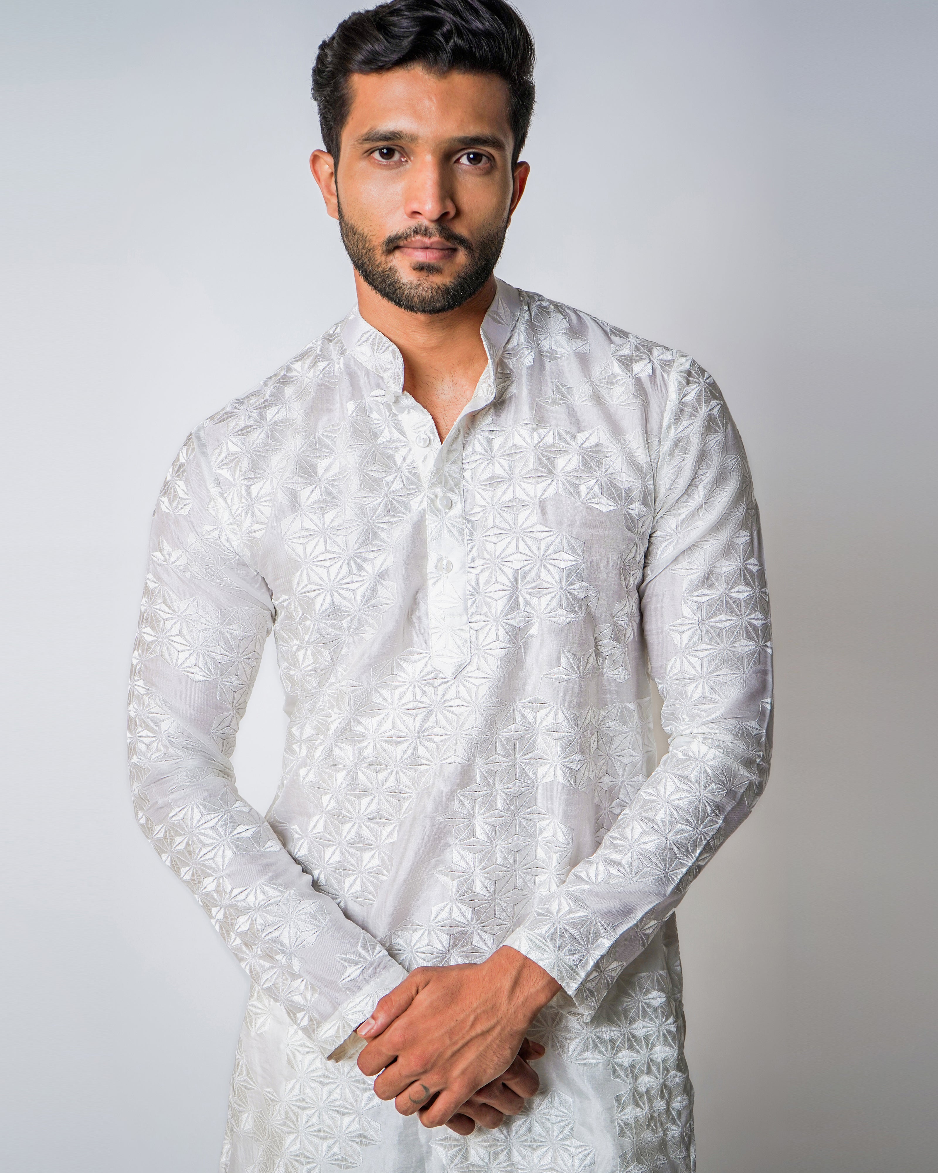 Ivory Geometric Self Embroidered Silk Kurta Set