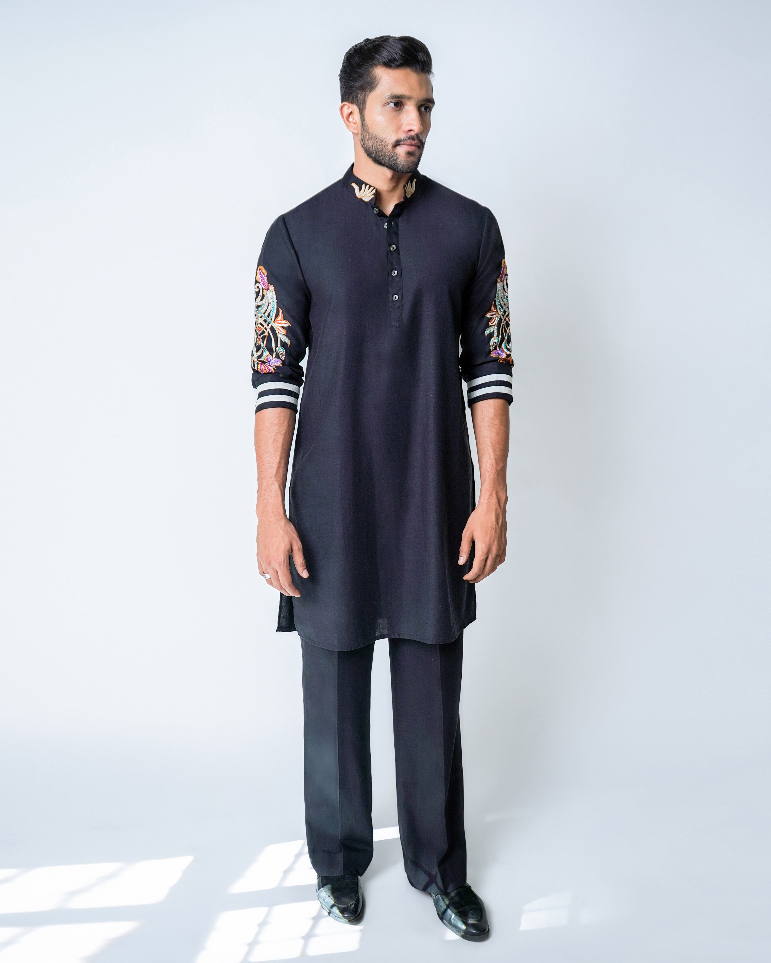 Black Tencel Flax Coral Embroidered Kurta set