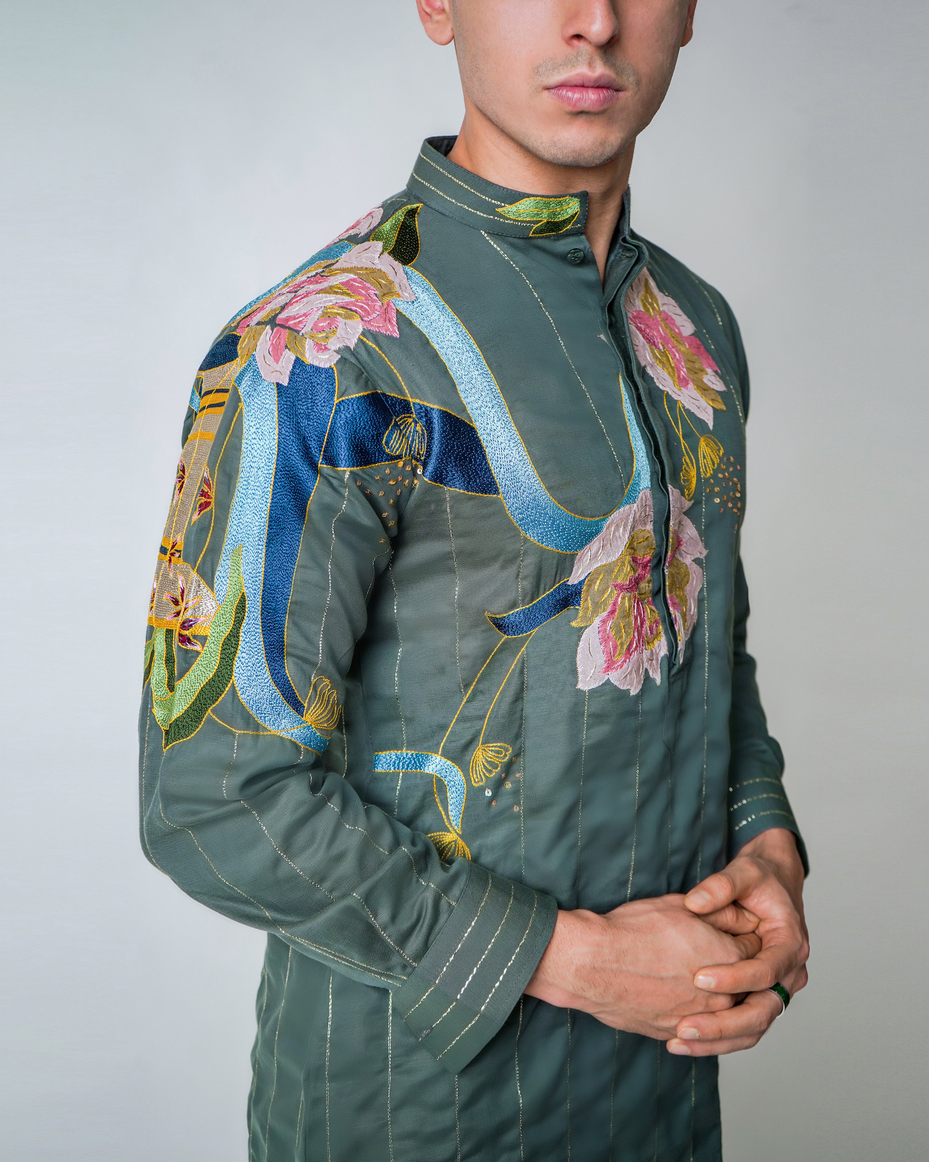 Forest Green Tencel, Suede Applique and Lurex Stripe Kurta set