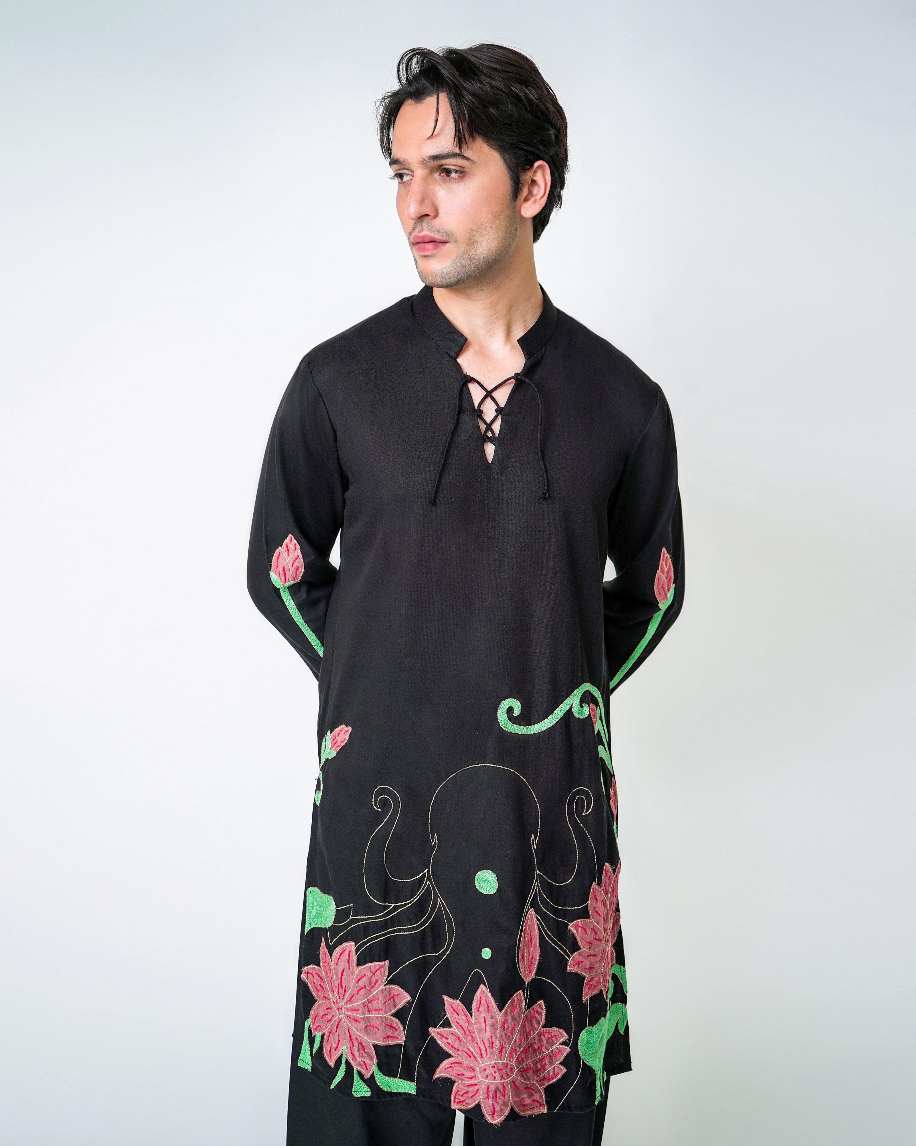 Black Tencel Hand embroidered Kurta set