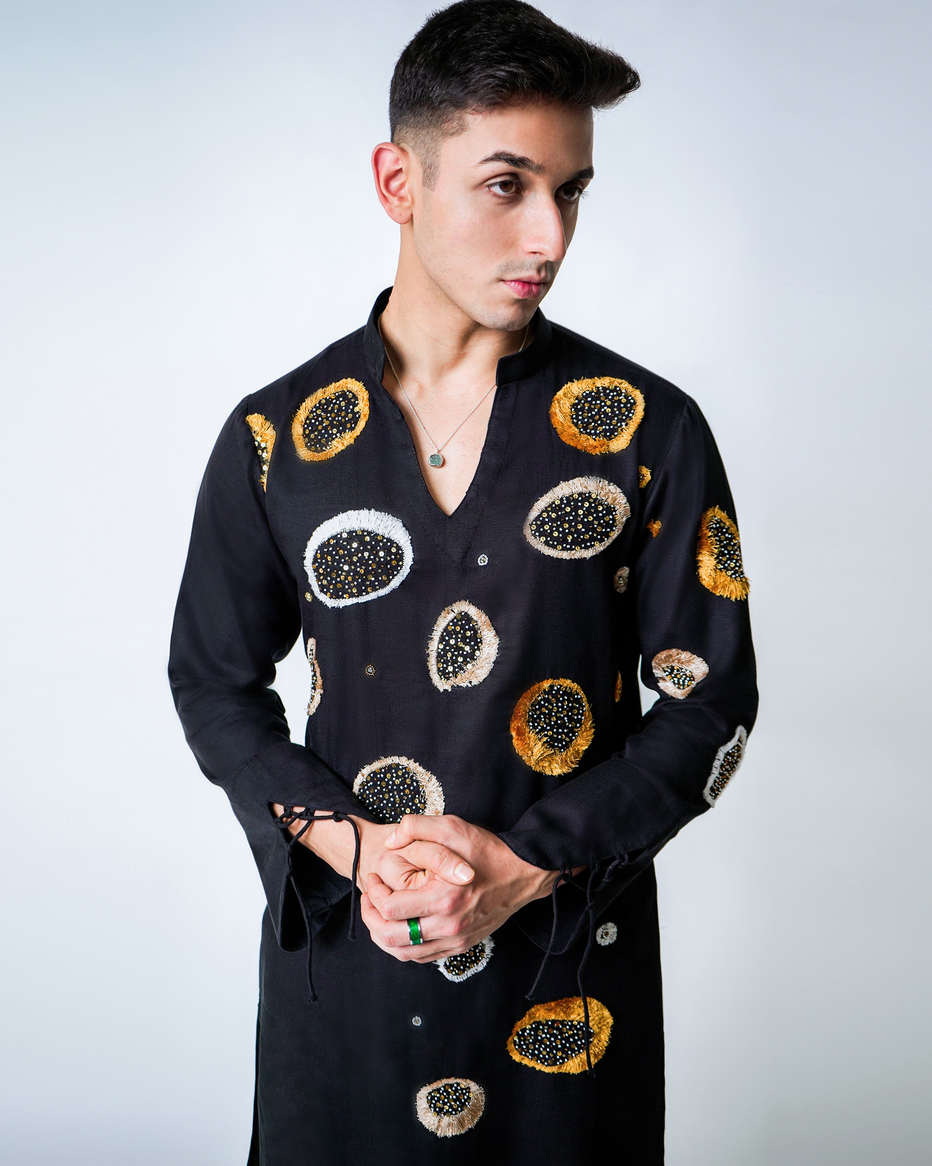 Black Tencel Suction Cup cluster Embroidery Kurta