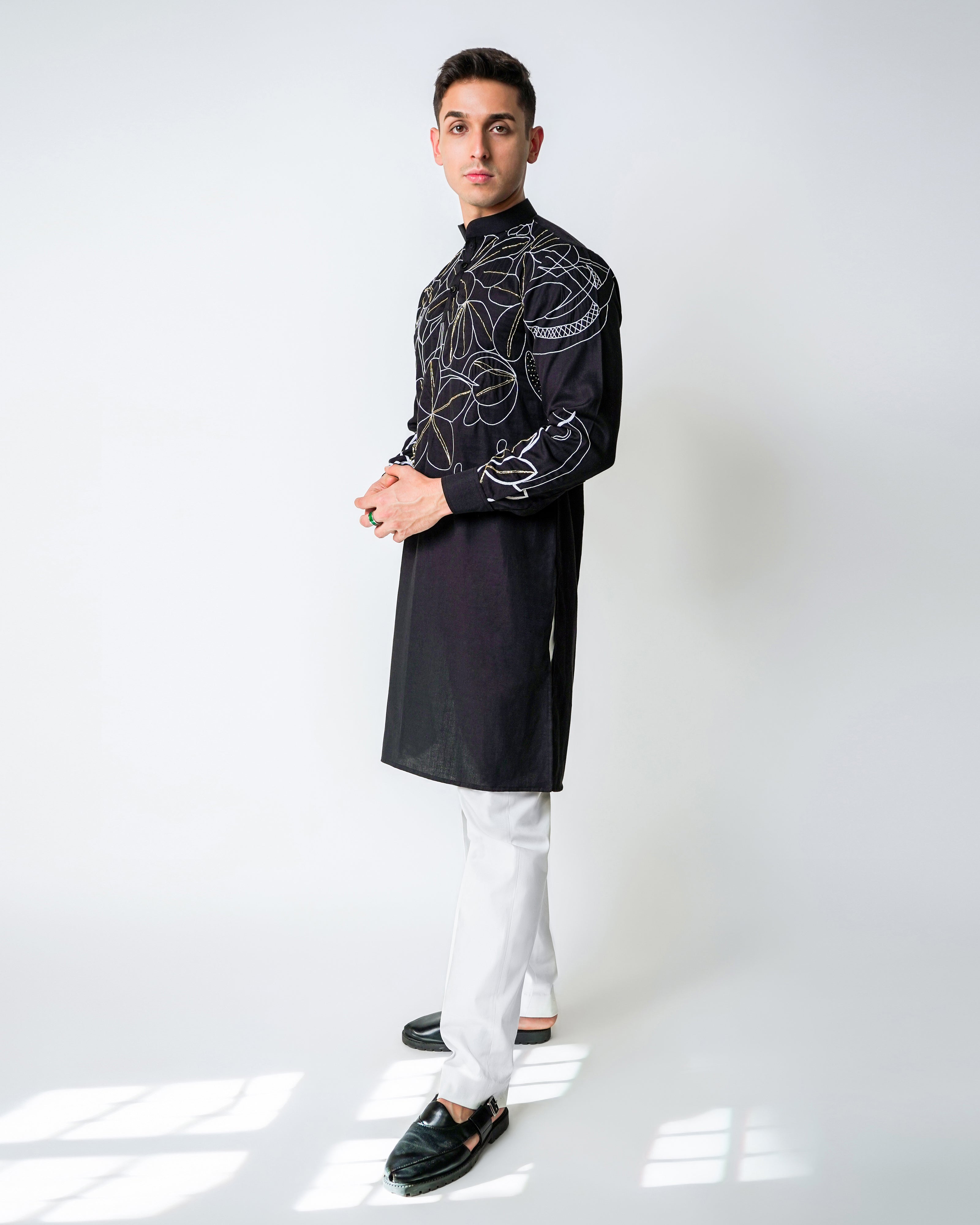 Black Tencel Kurta with lurec ocean florals Handwork kurta set