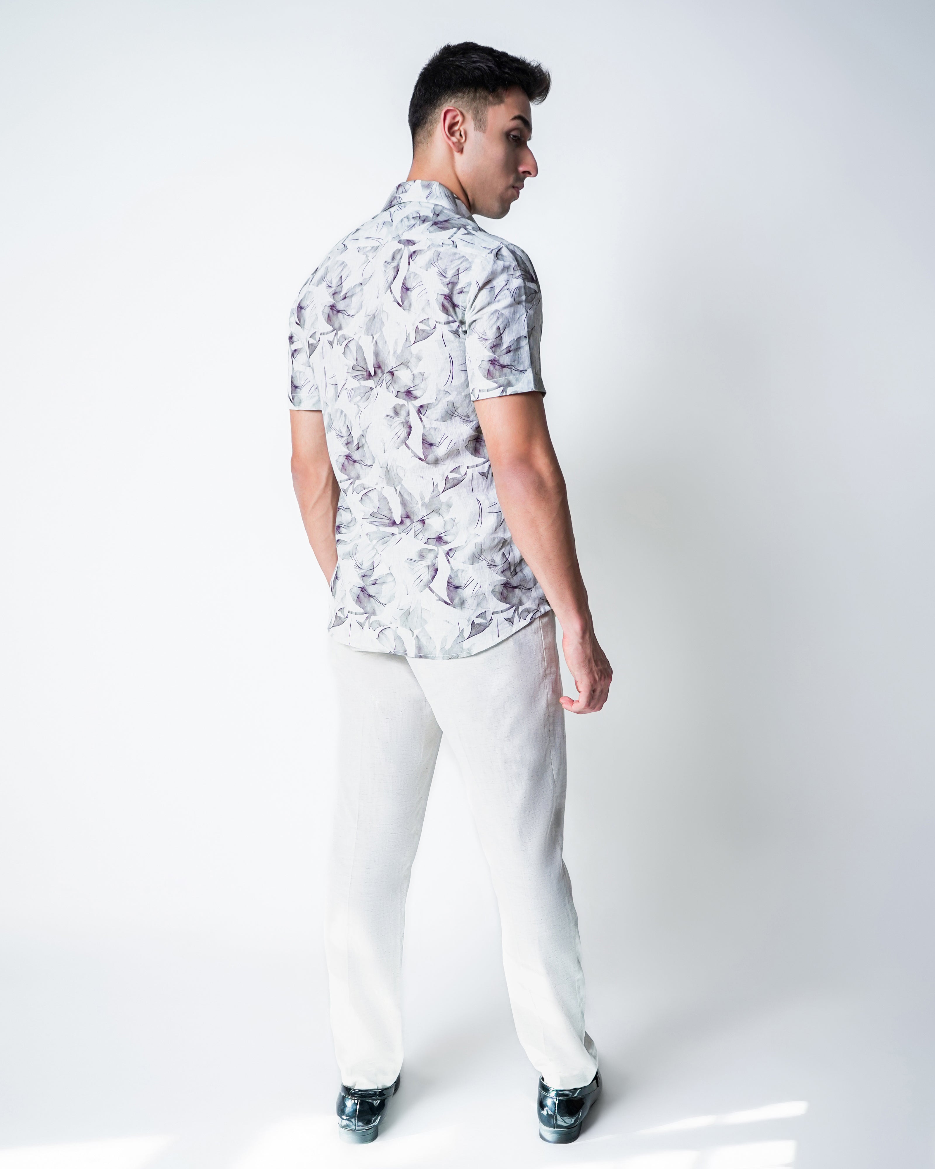 Cream and Grey Linen Floral Printed Shirt