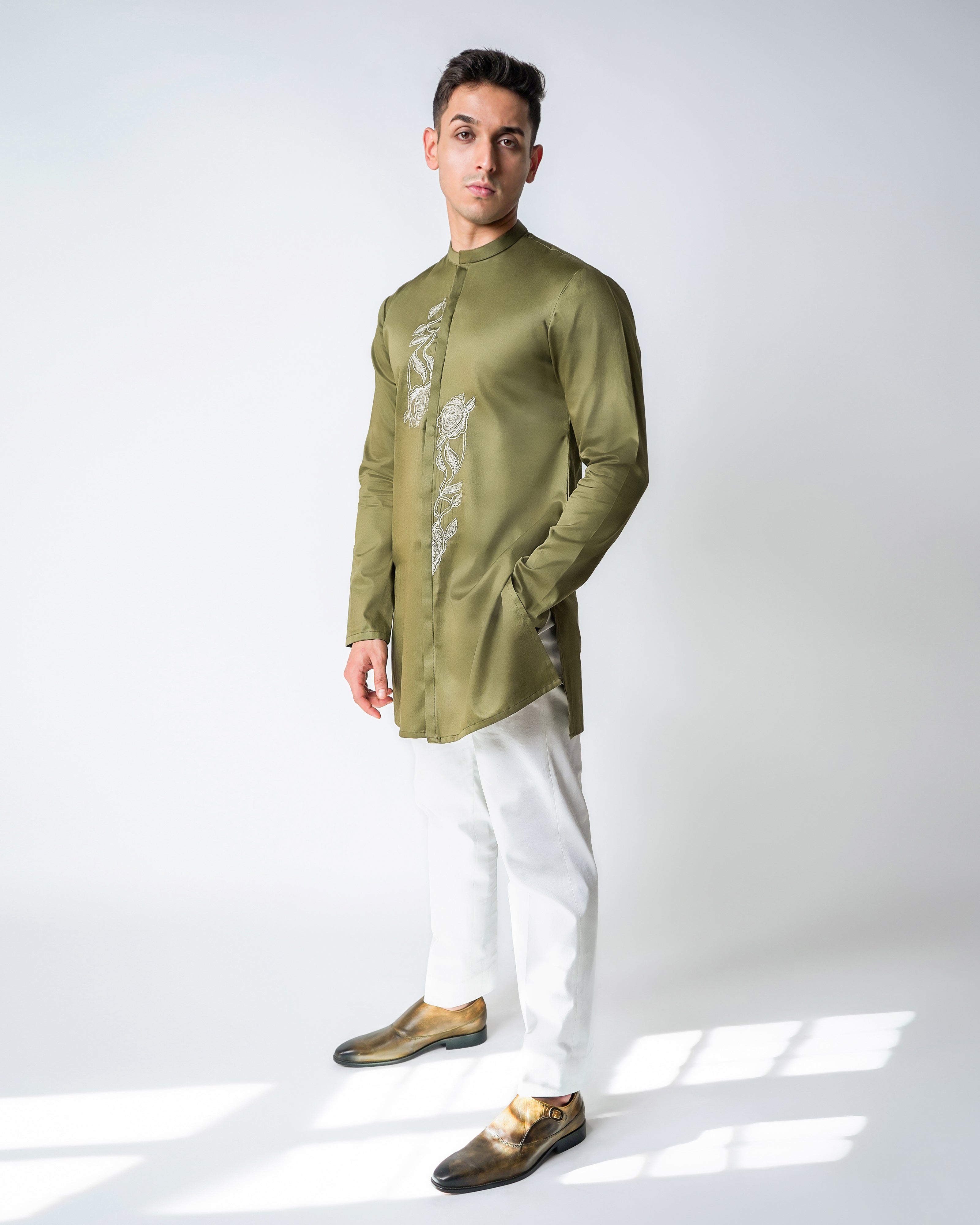 Olive green cotton aaymetric embroidered kurta Set