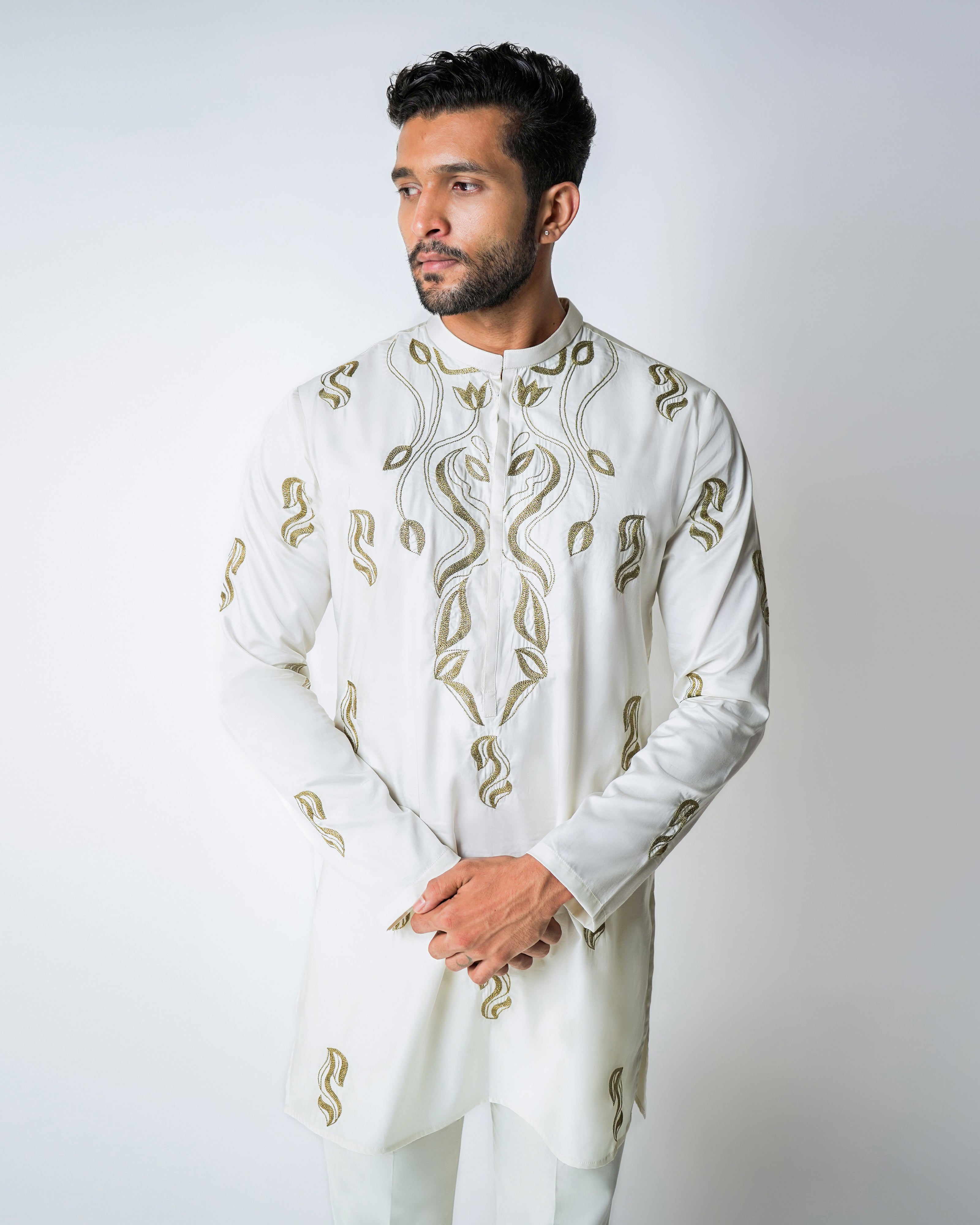 Cream cotton with metallic Kasab Handwork kurta set