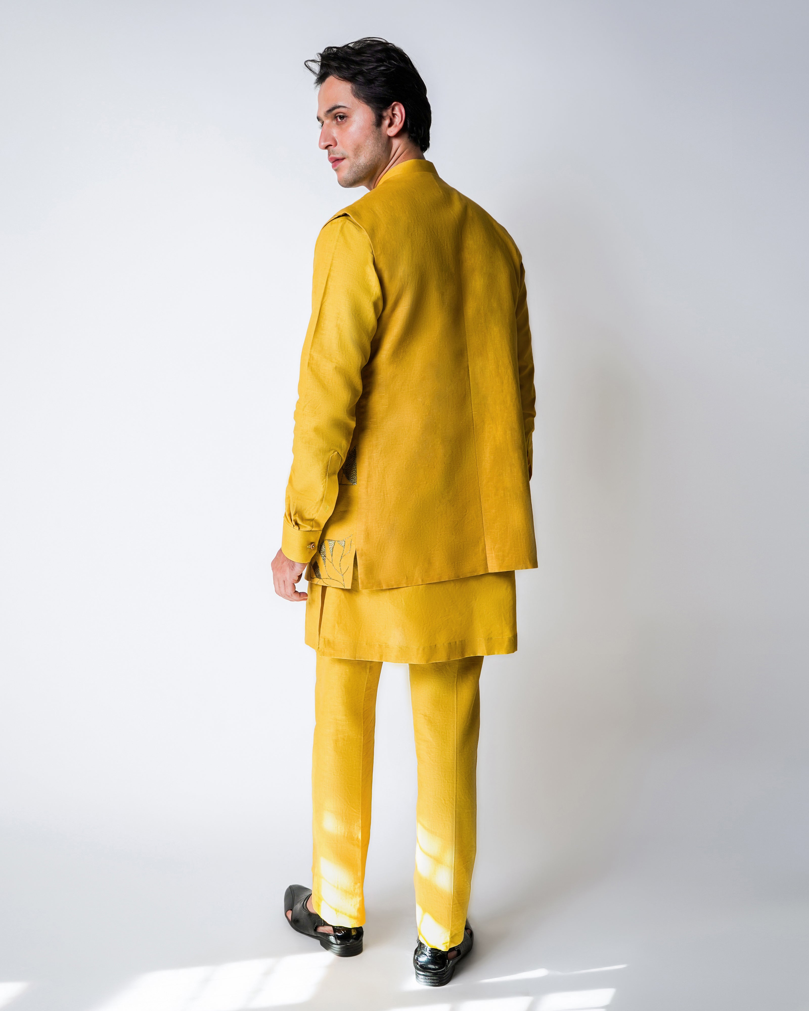 Haldi Yellow Linen with floral 3D Raffia and gold hammered Kasab Handwork open bundi set