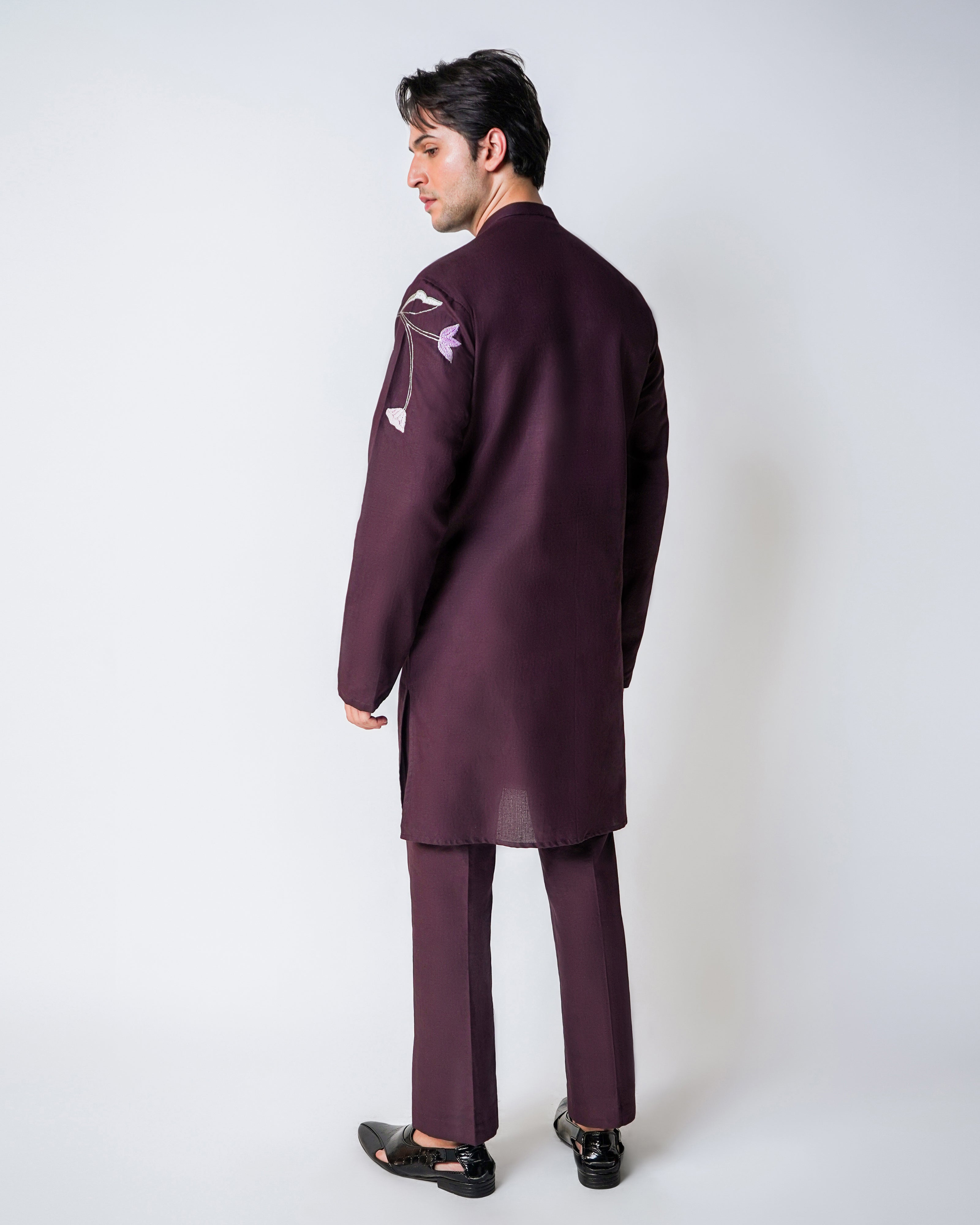 Wine linen with kasab and rafia handwork kurta set
