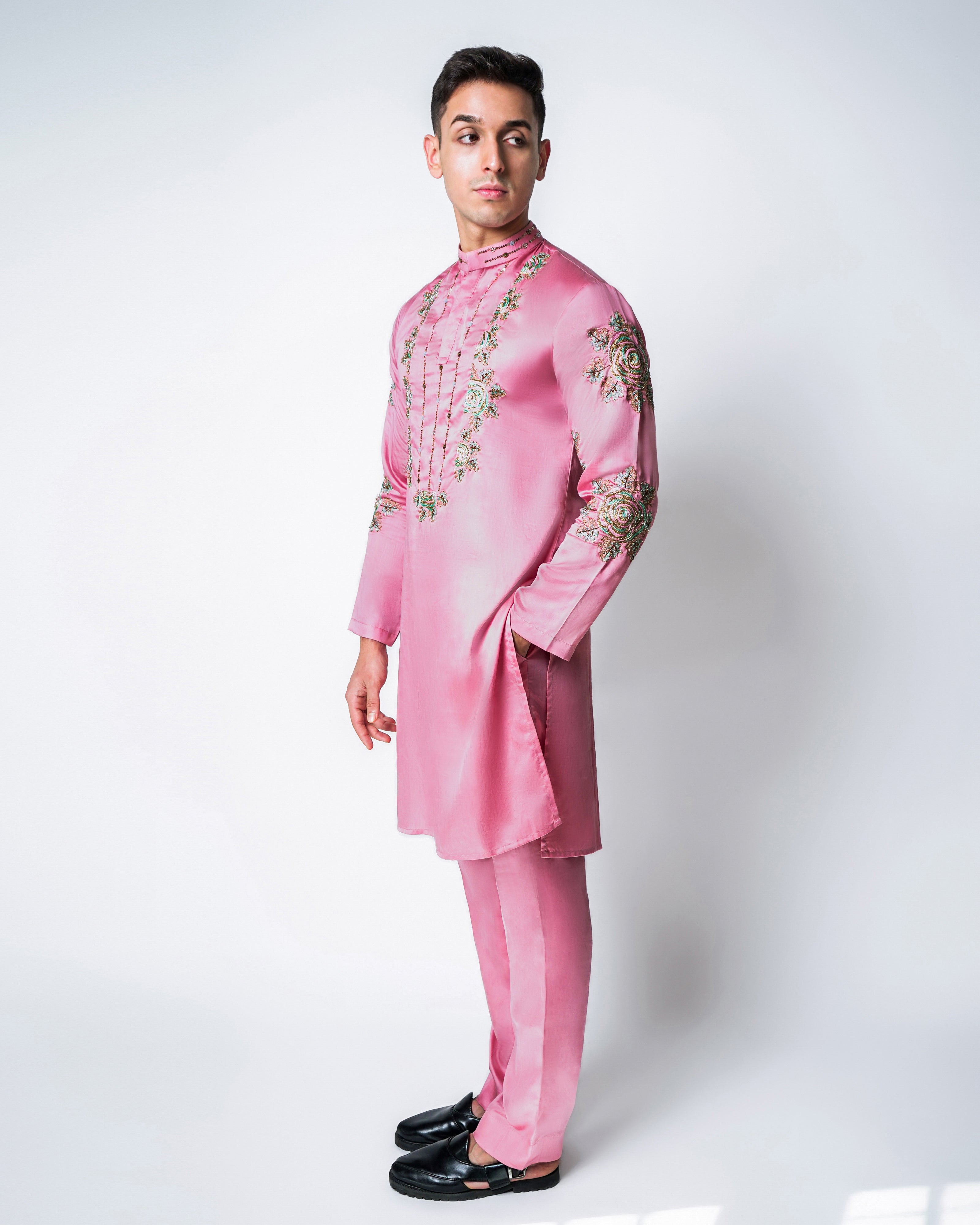 Pink Tencel Satin coral clusters kurta set