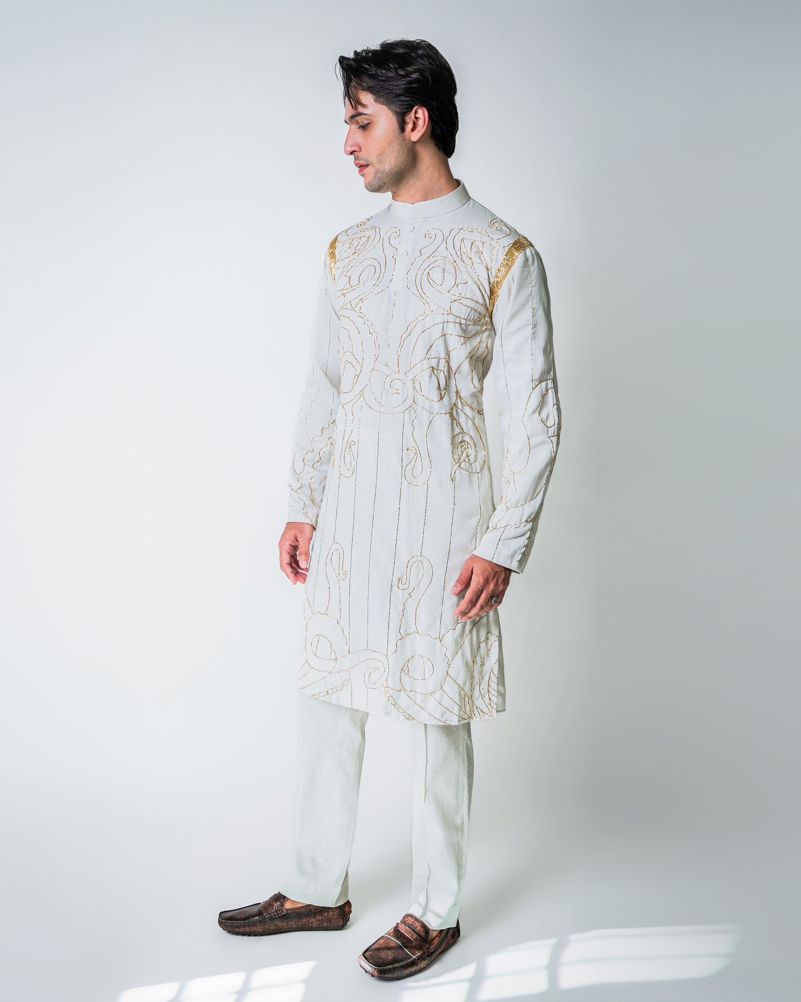 Tentacles of God - off white Tencel with Gold Lurex handwork kurta set