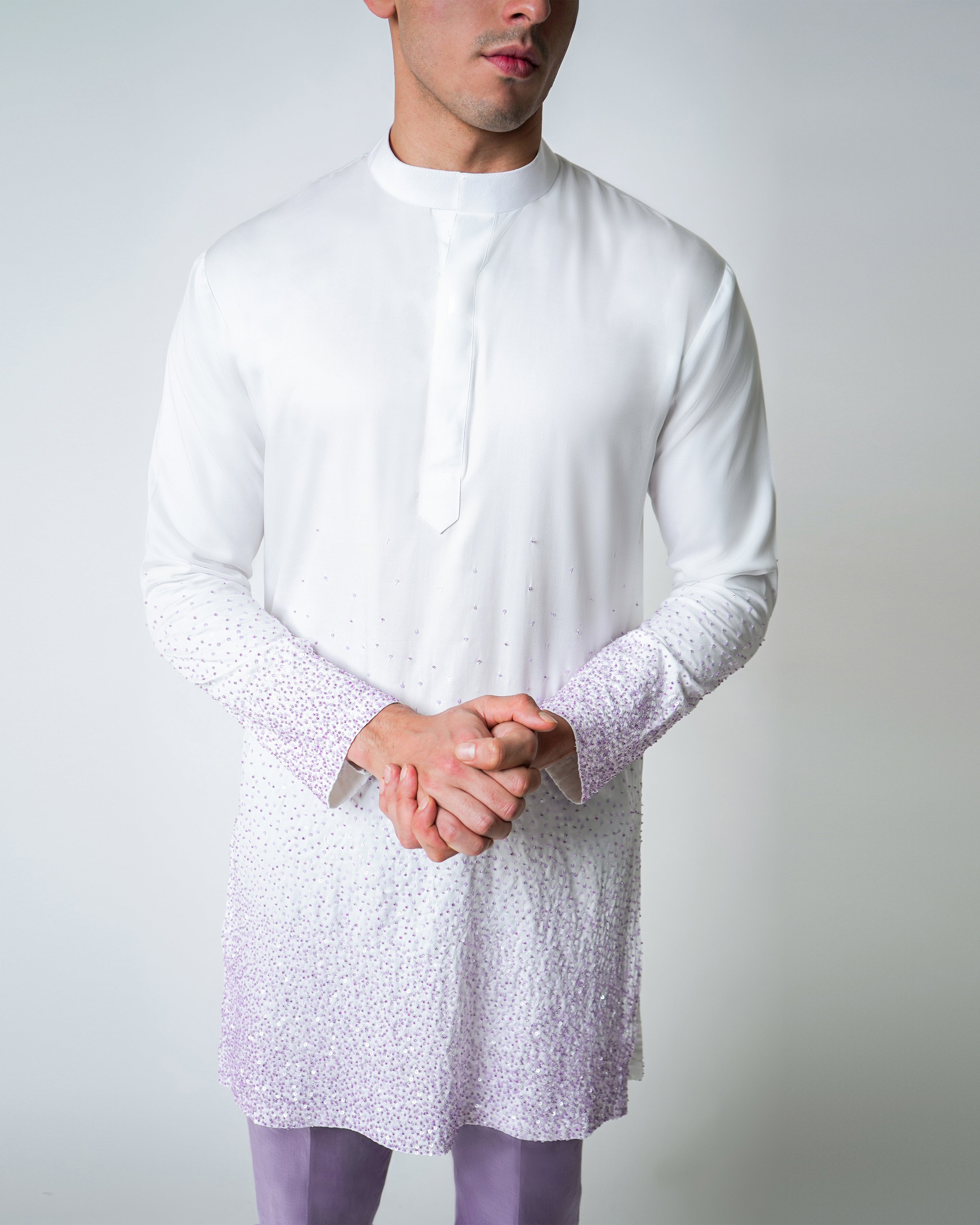 White Tencel Satin with Lilac Beads ombre handwork Kurta Set