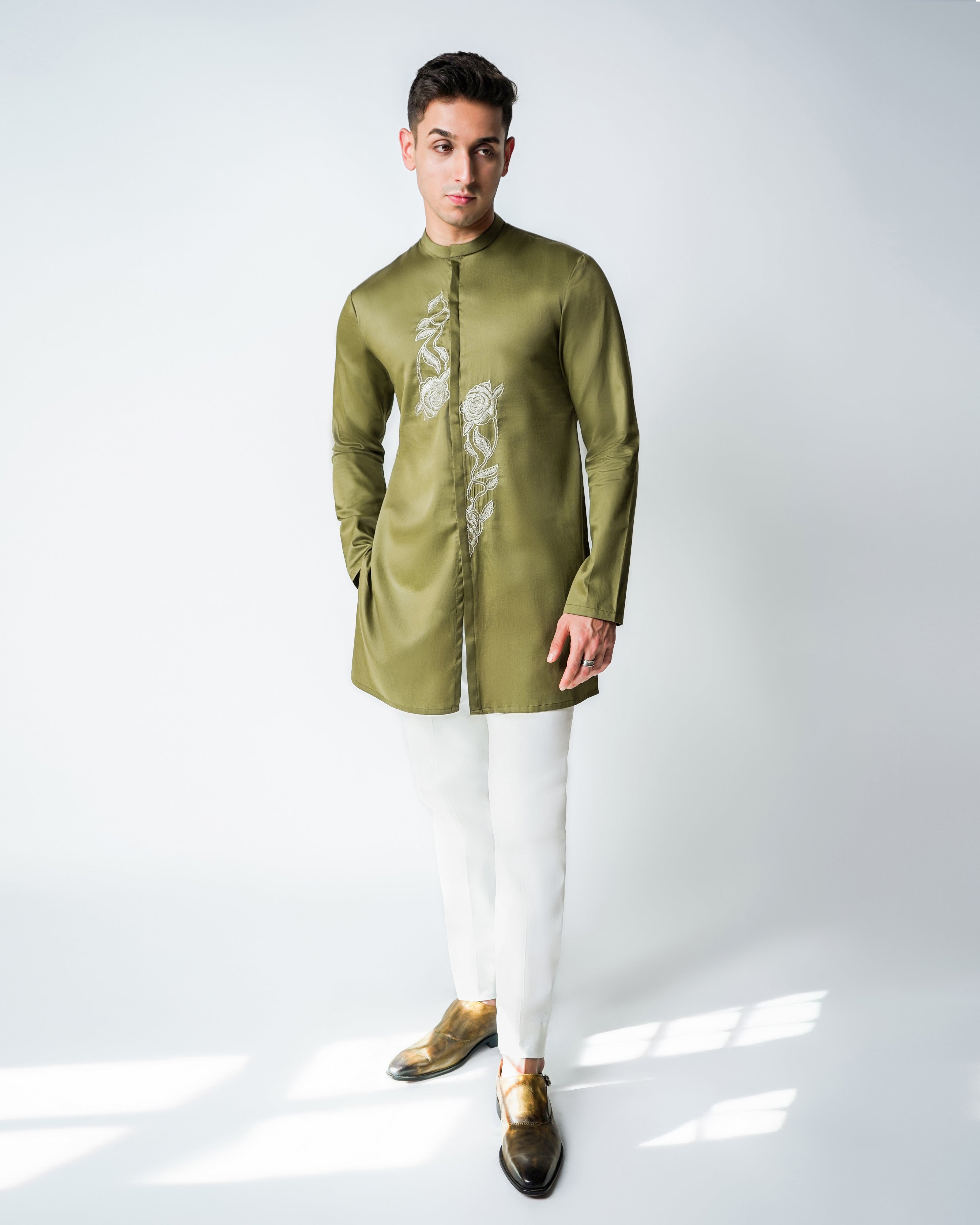 Olive green cotton aaymetric embroidered kurta Set