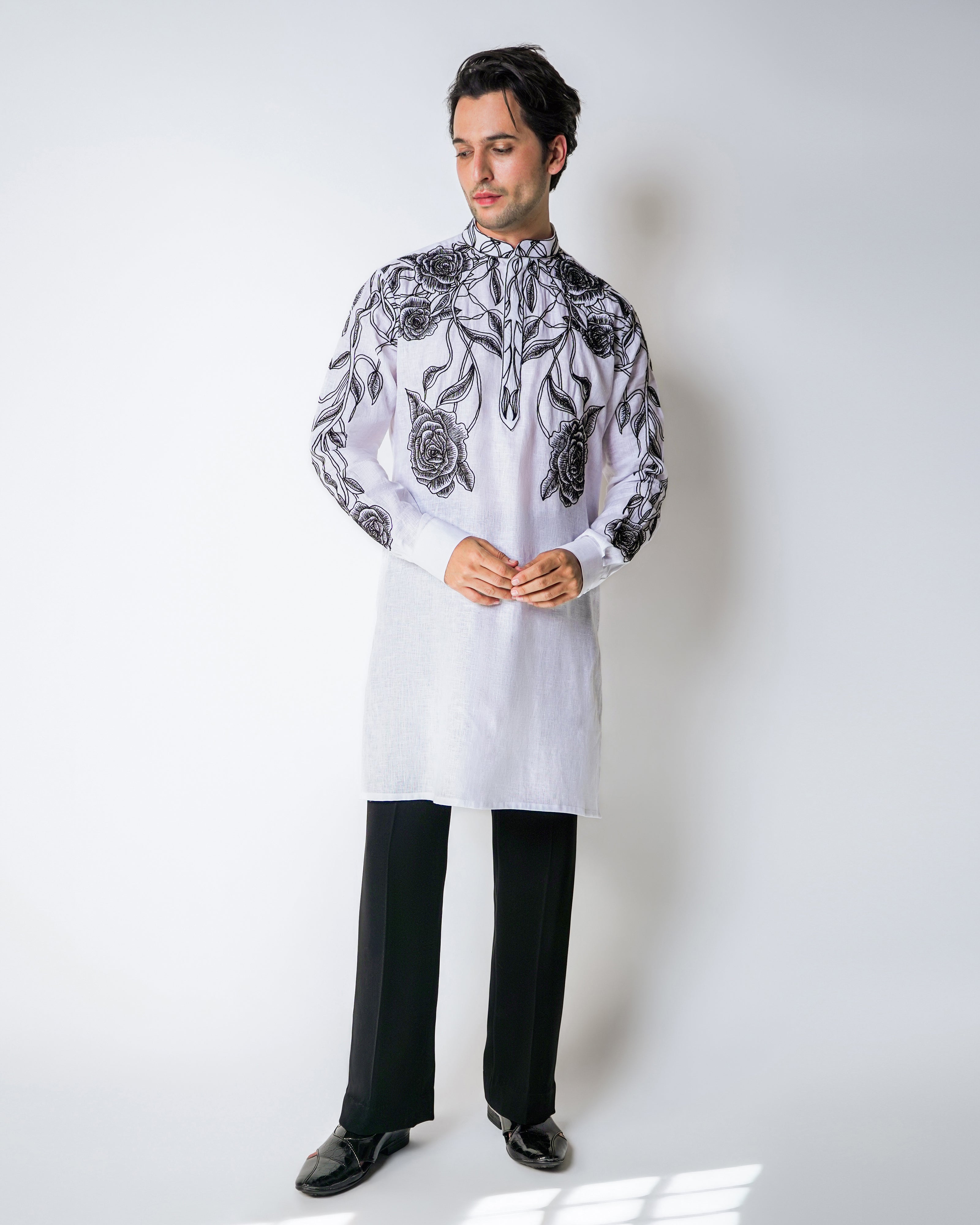 Black & White Linen Shaded acid floral hand embroidery kurta set