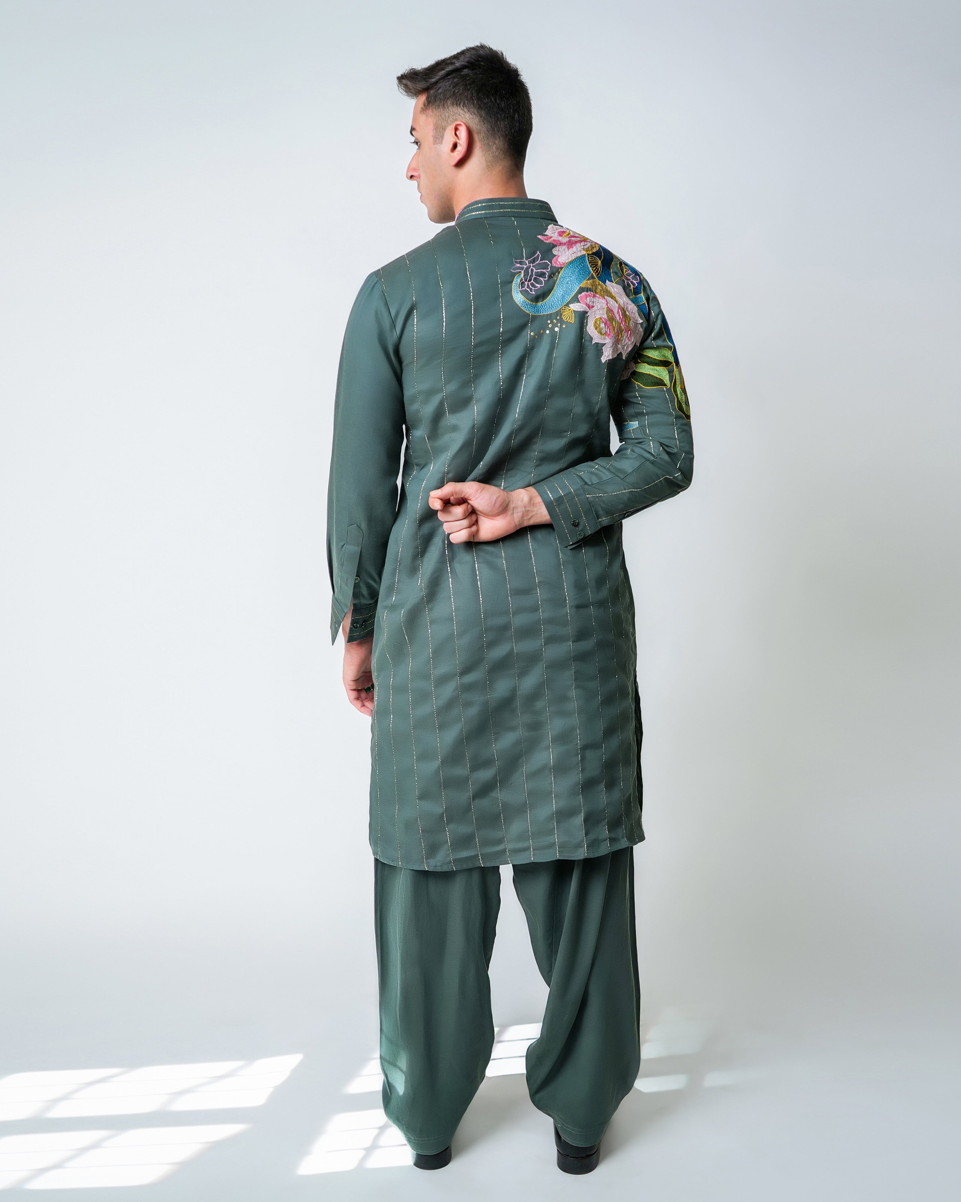 Forest Green Tencel, Suede Applique and Lurex Stripe Kurta set