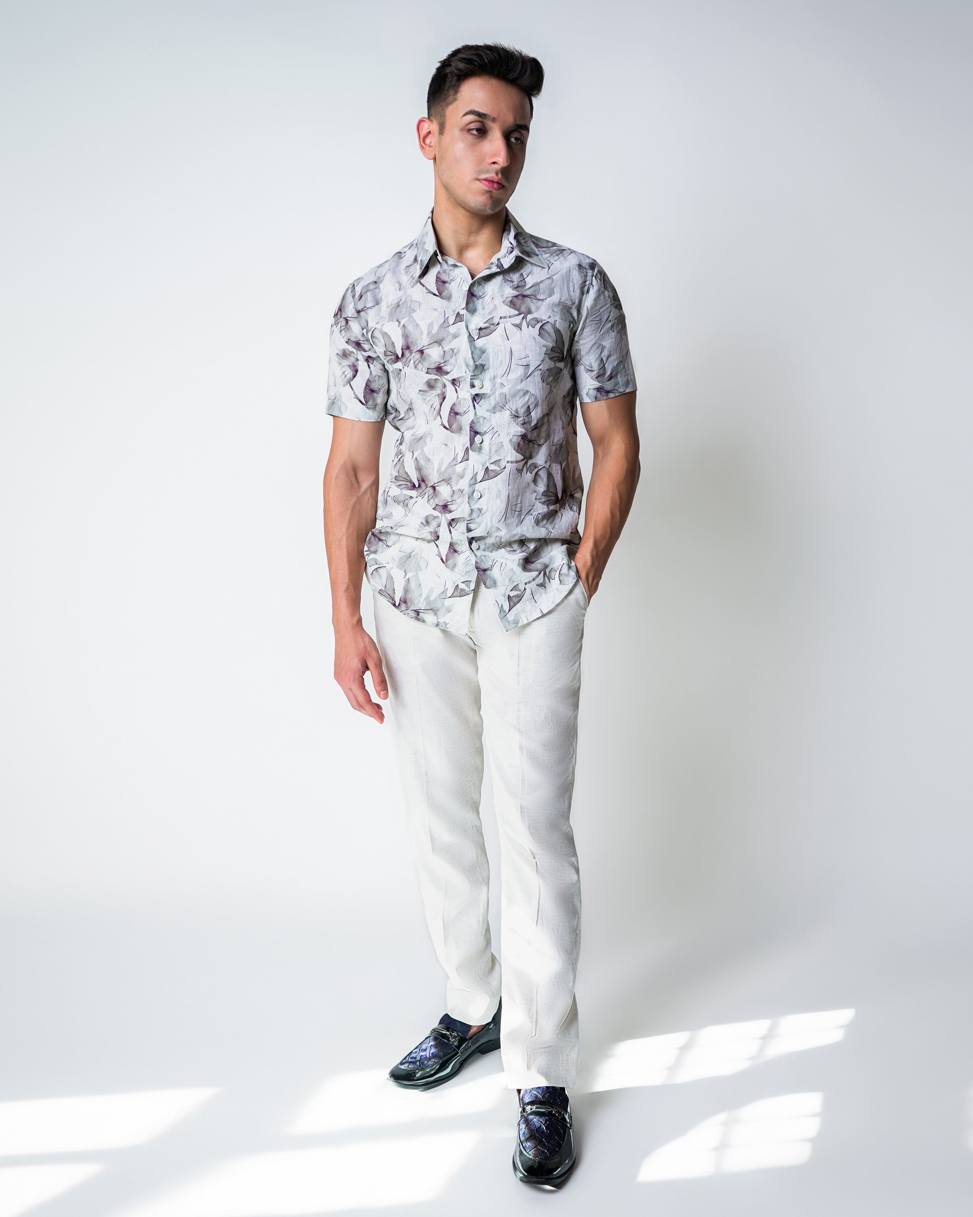 Cream and Grey Linen Floral Printed Shirt