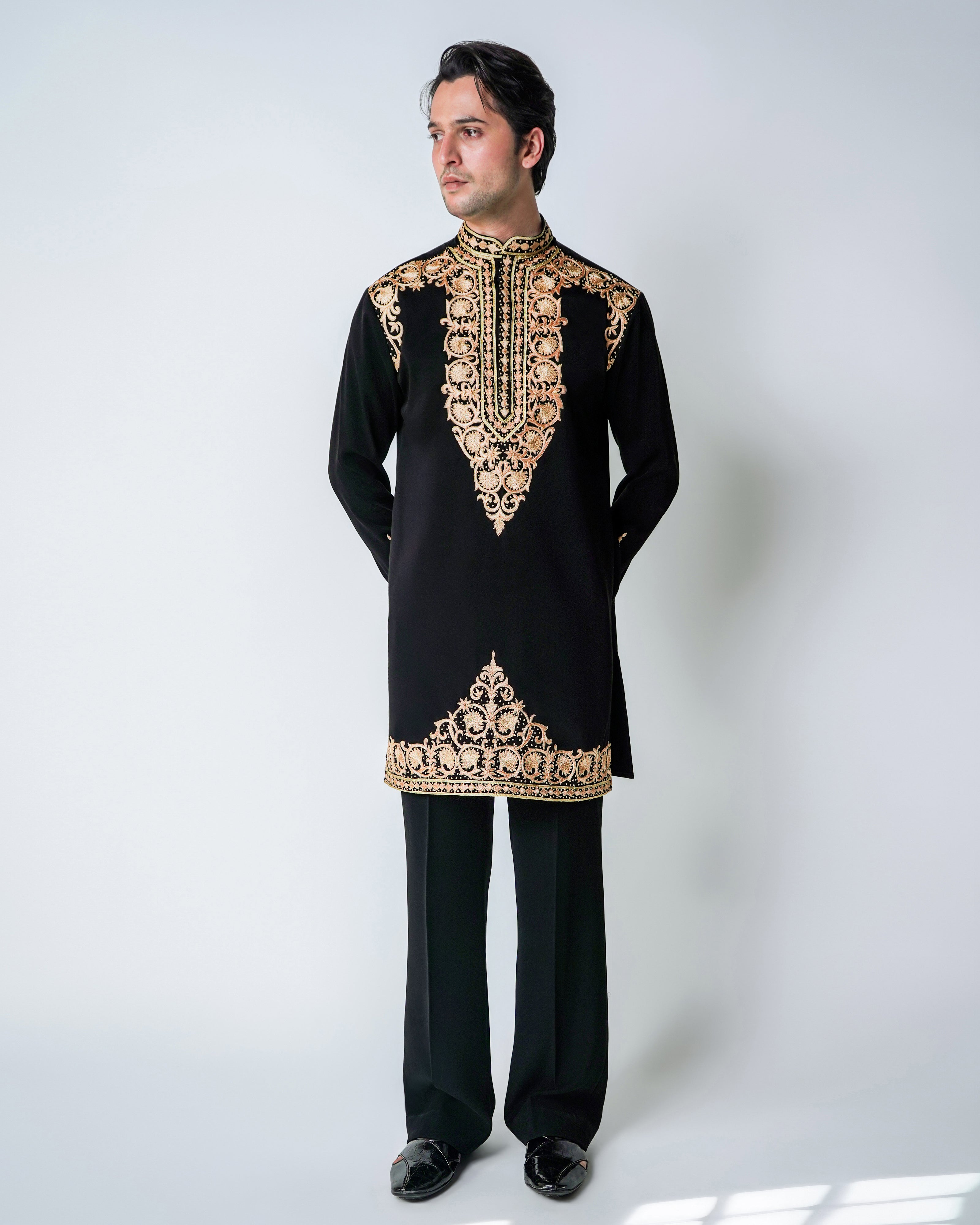 Imperial Noir - Black Wrinkle free Viscose with gold silk hand embroidery kurta set