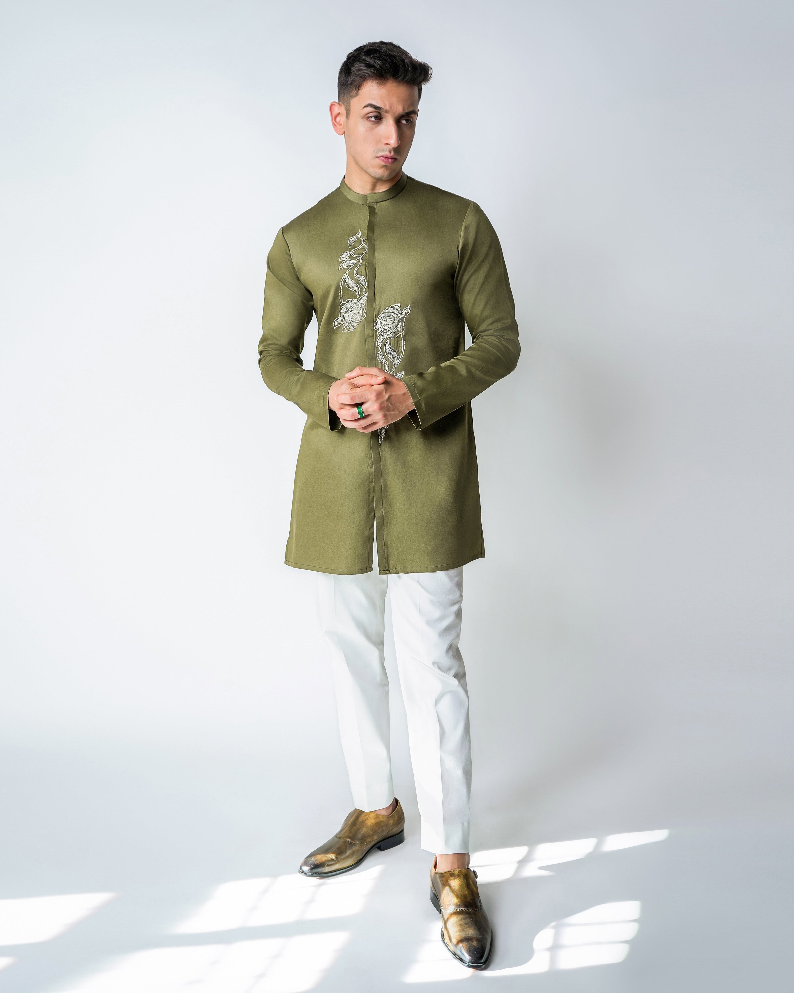 Olive green cotton aaymetric embroidered kurta Set