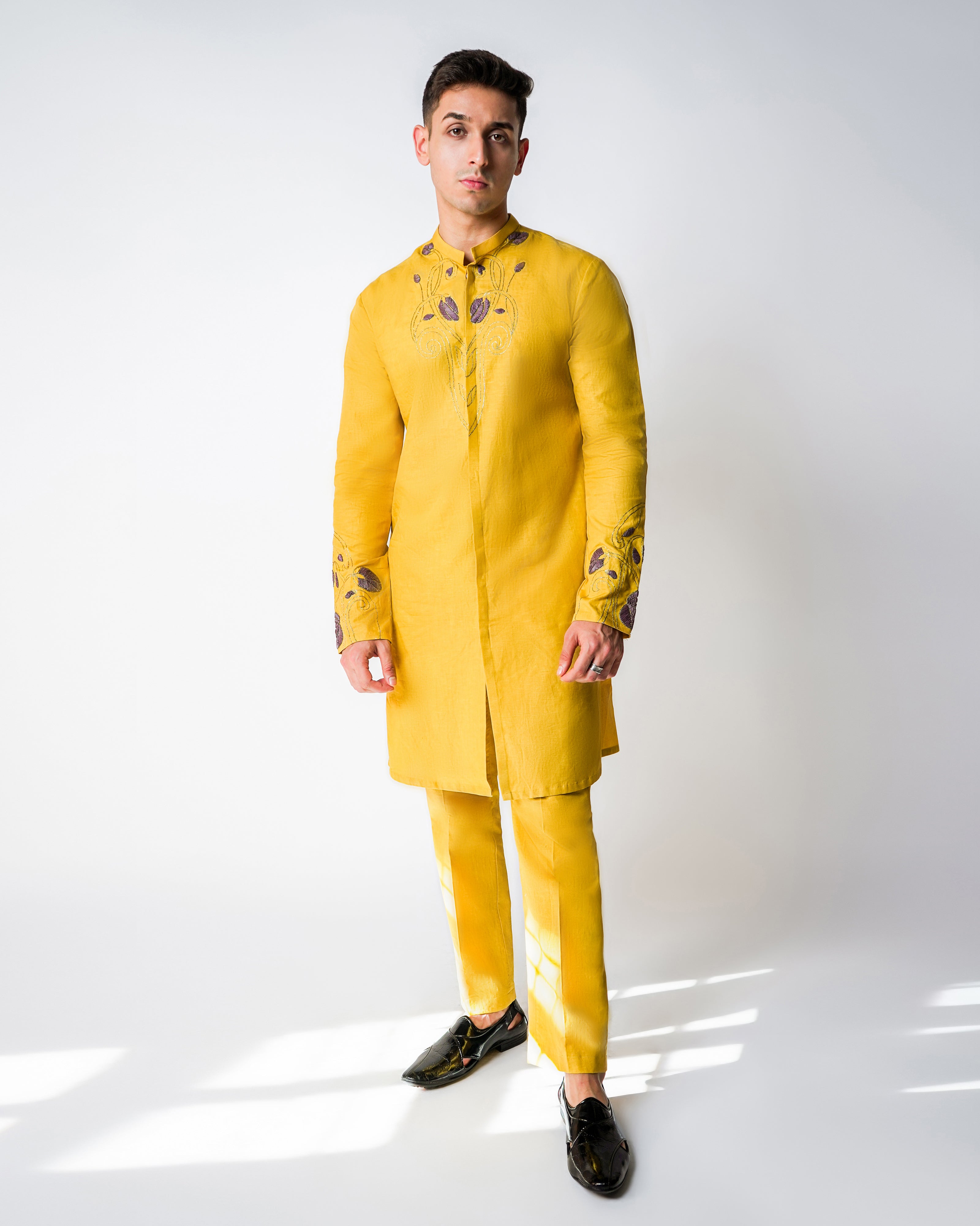 Haldi Yellow Linen with purple 3D Raffia and gold hammered Kasab Handwork kurta set