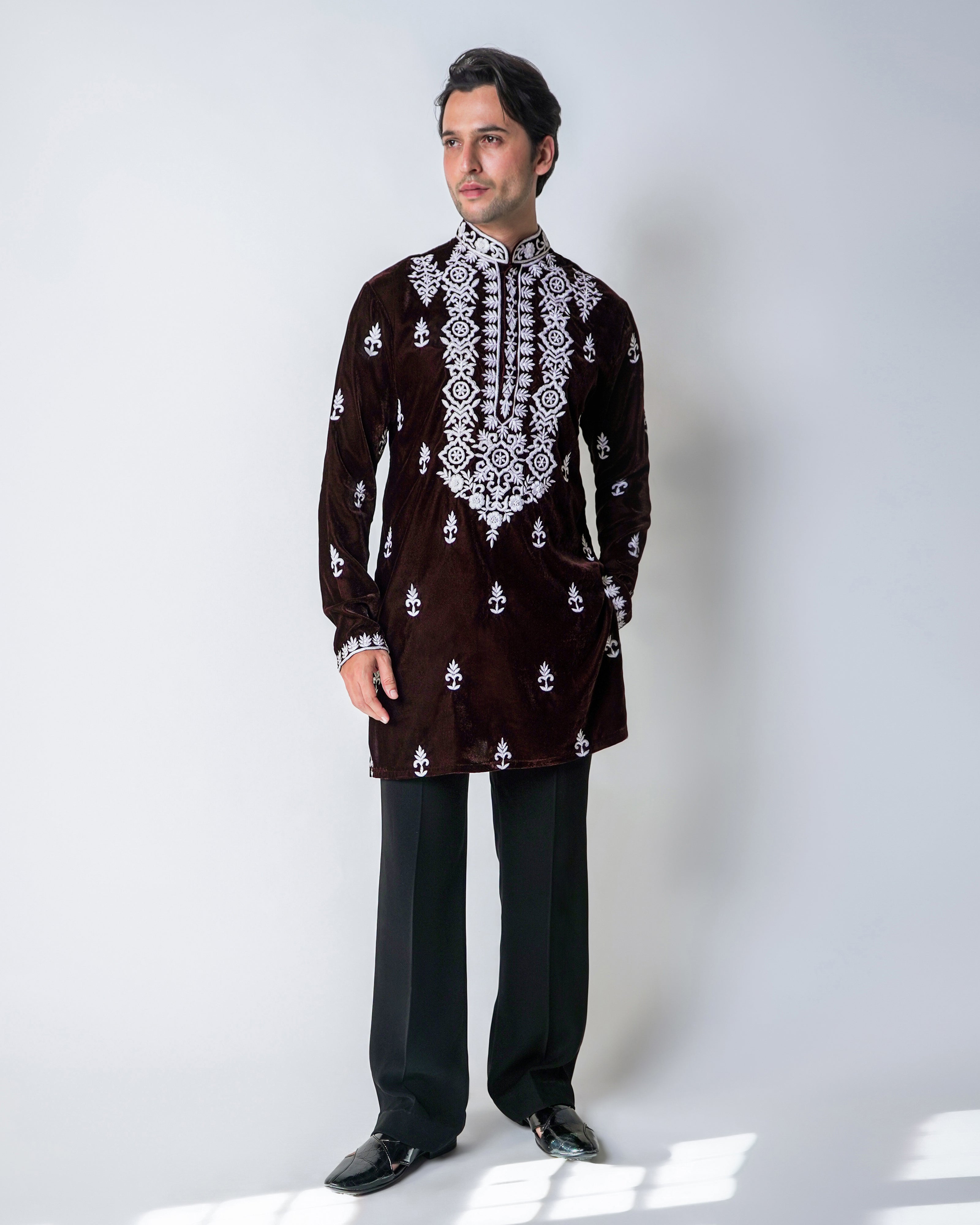 Velvet Labrynth - Dark brown Velvet with Silk Handwork Kurta set