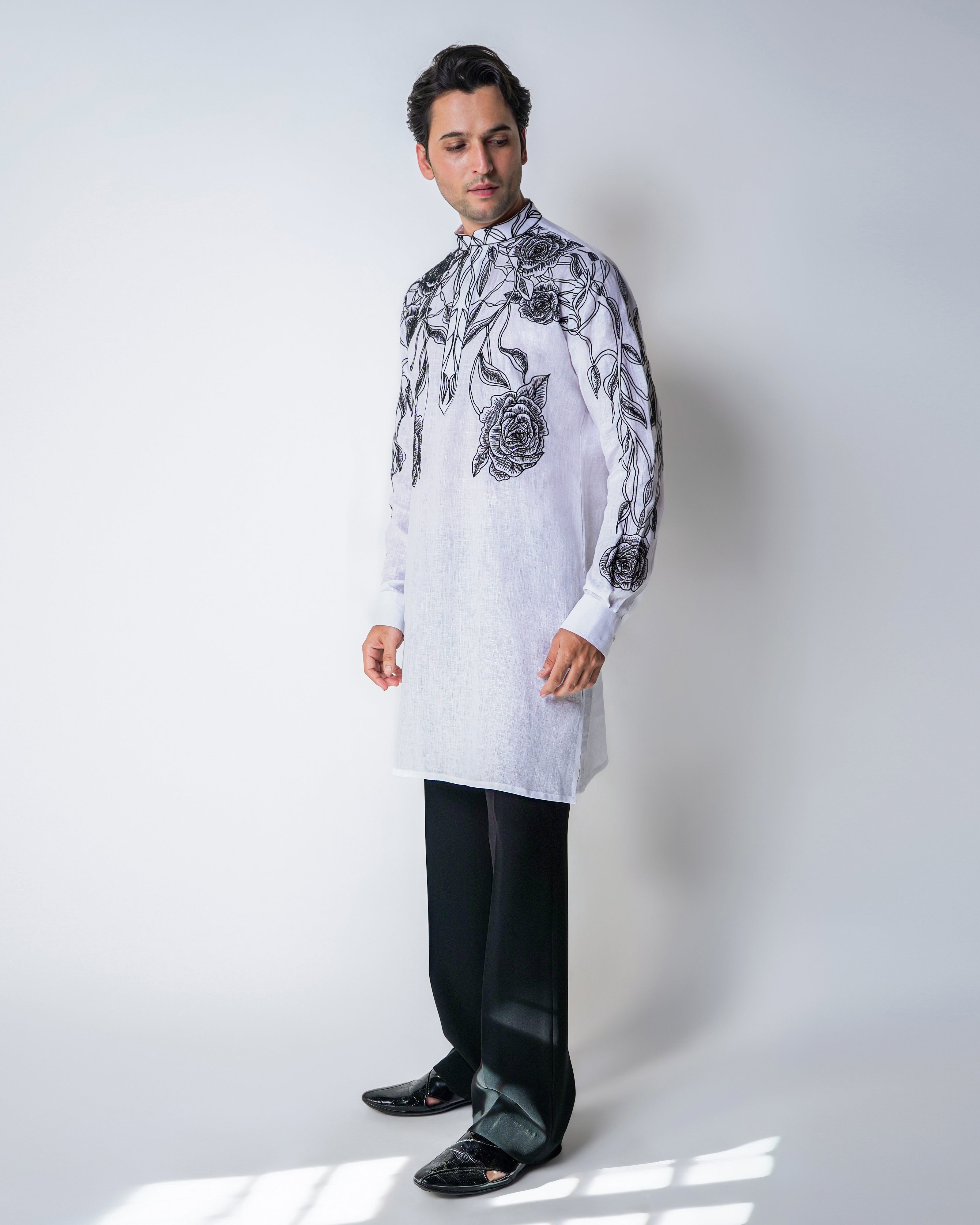 Black & White Linen Shaded acid floral hand embroidery kurta set