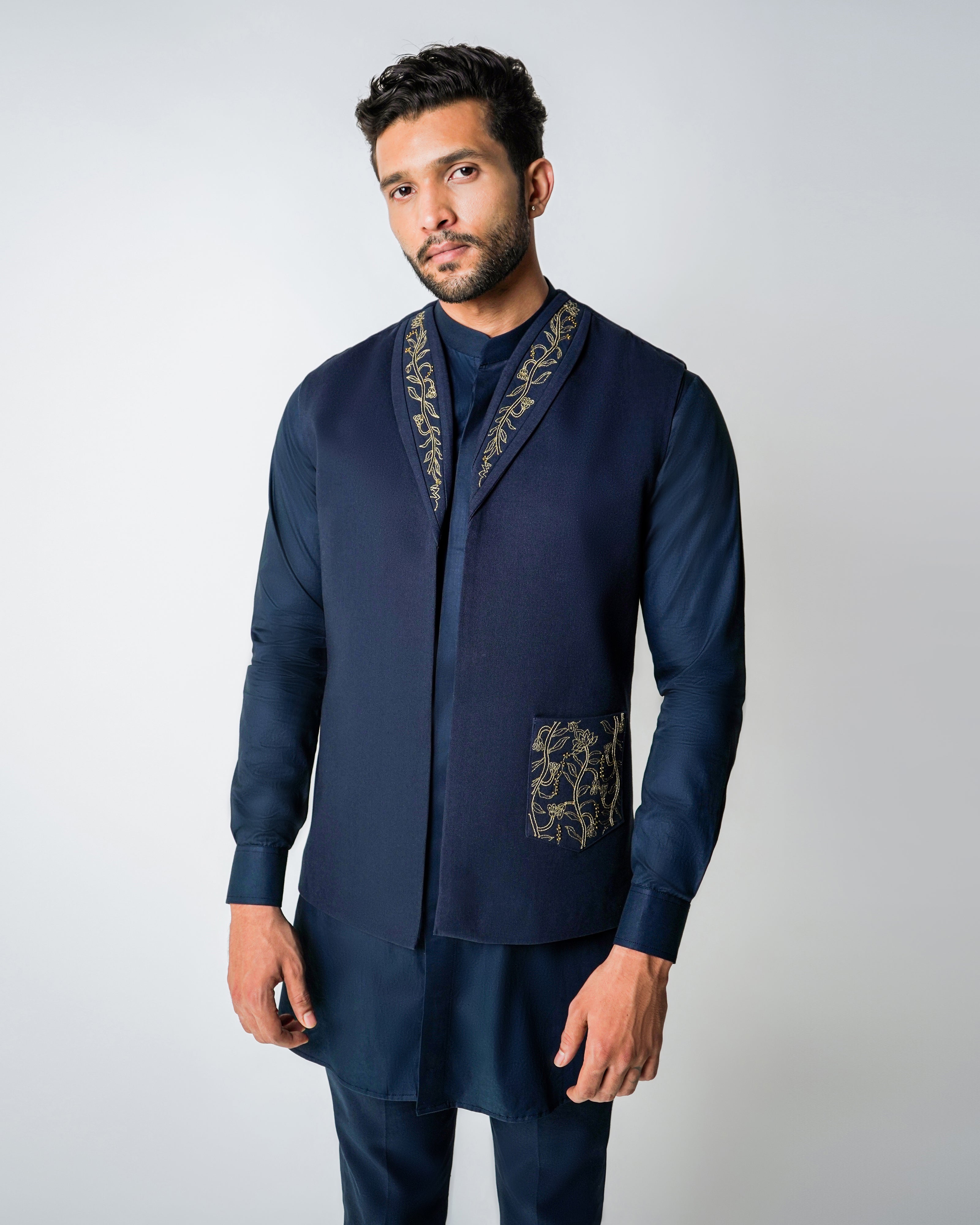 Midnight Sakura - Navy Blue and gold Linen with Kasab Dori Handwork bundi set