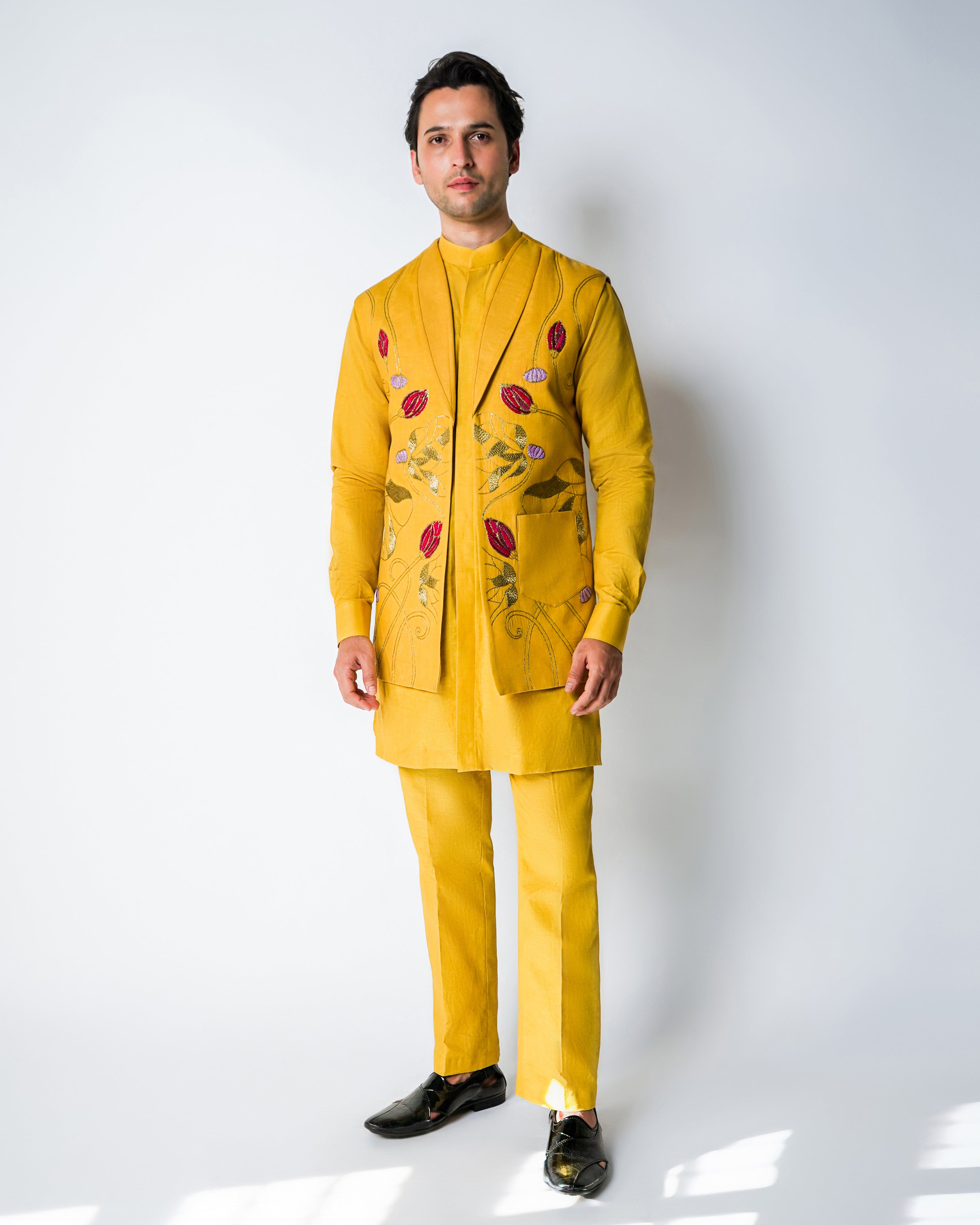 Haldi Yellow Linen with floral 3D Raffia and gold hammered Kasab Handwork open bundi set