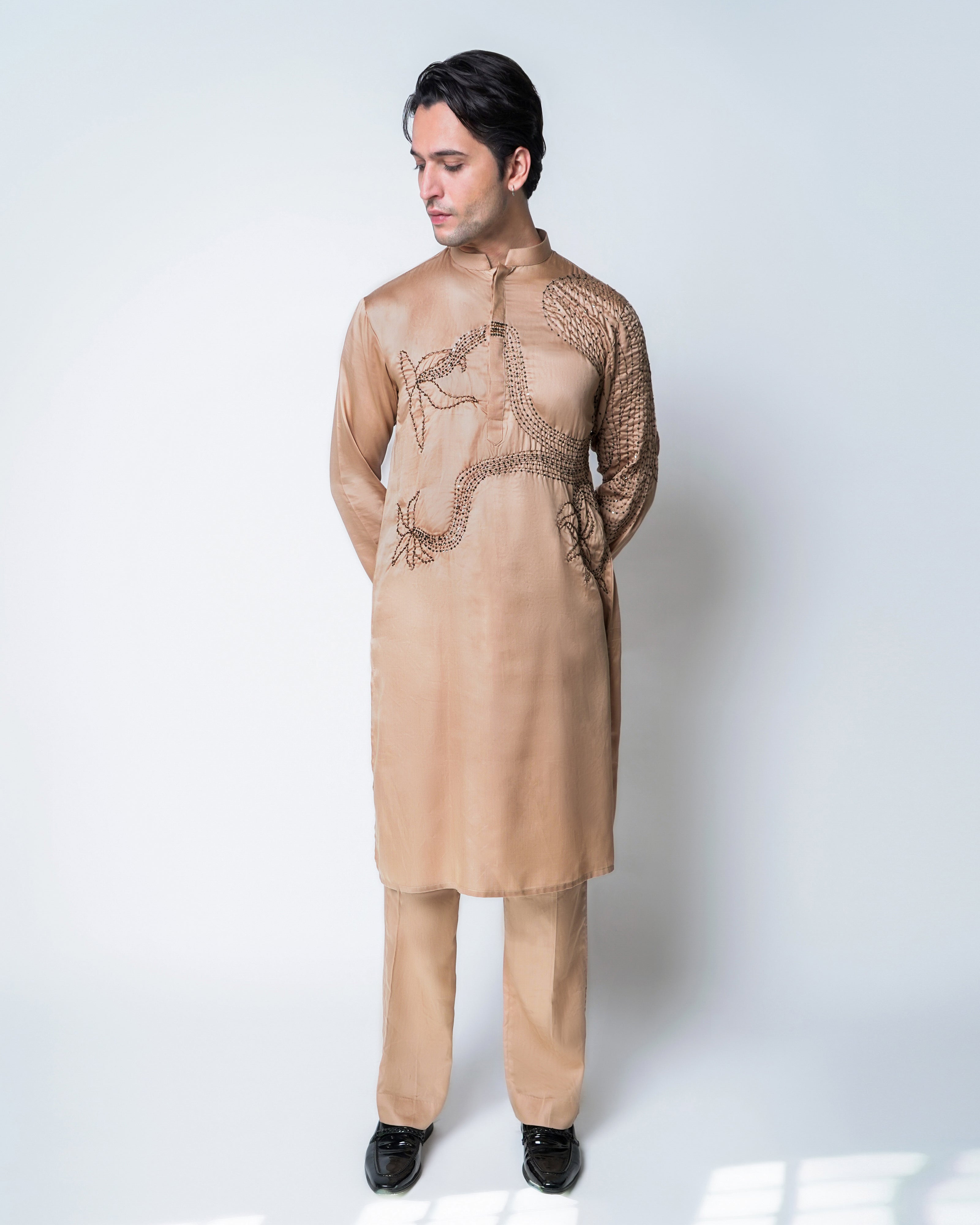 Champagne tencel Satin Octa-Bloom Kurta set
