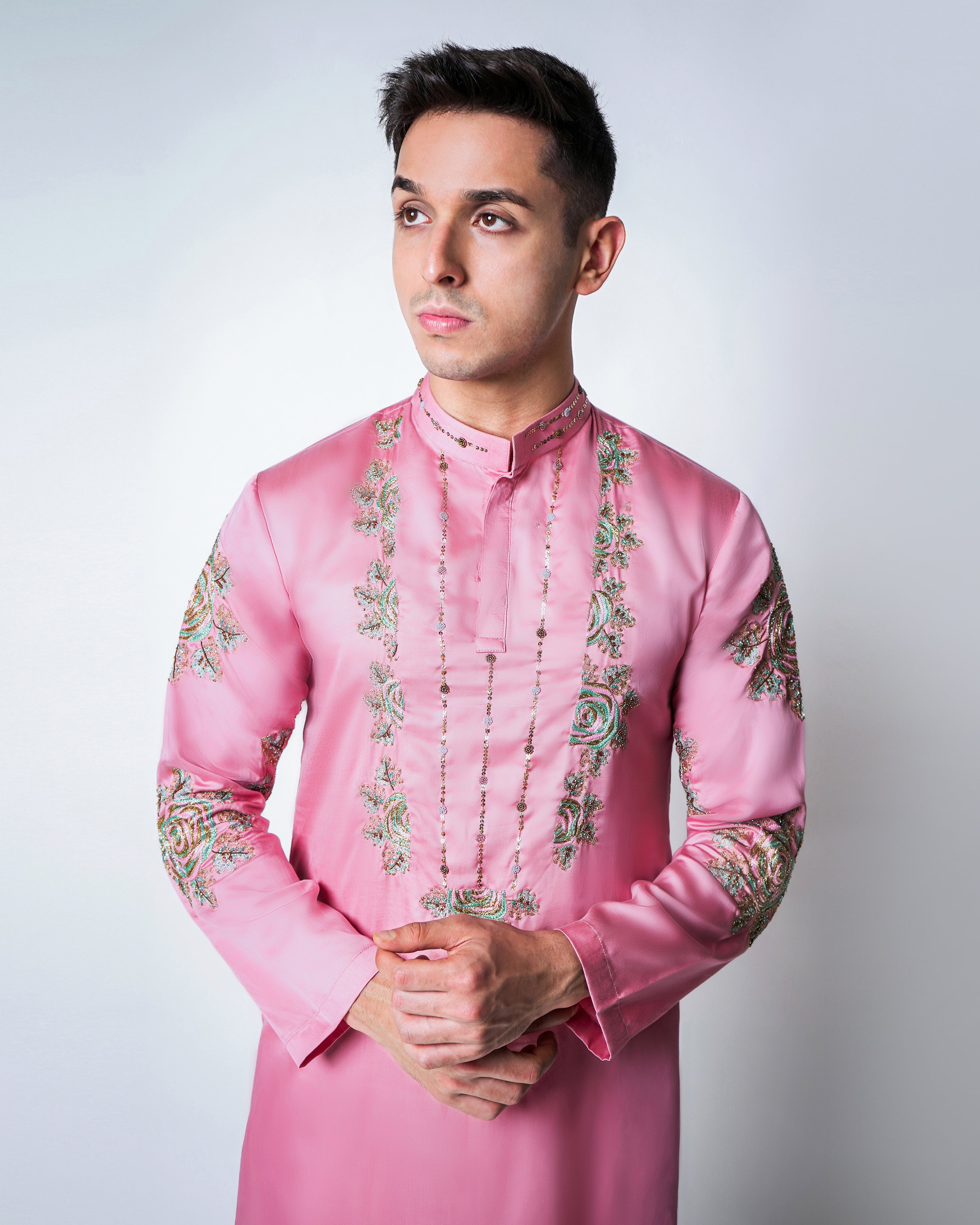 Pink Tencel Satin coral clusters kurta set