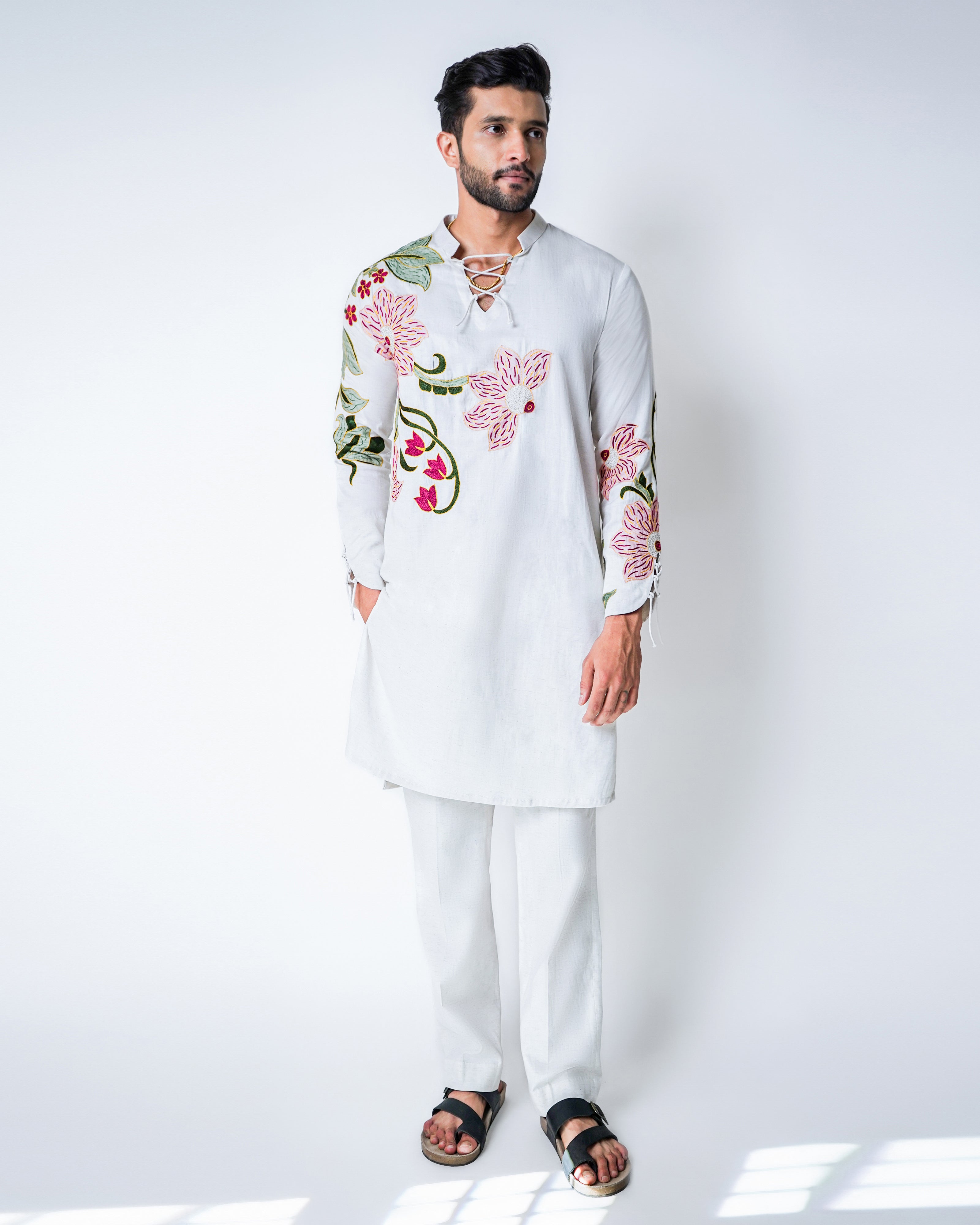 Cream Tencel Hand embroidered Kurta set