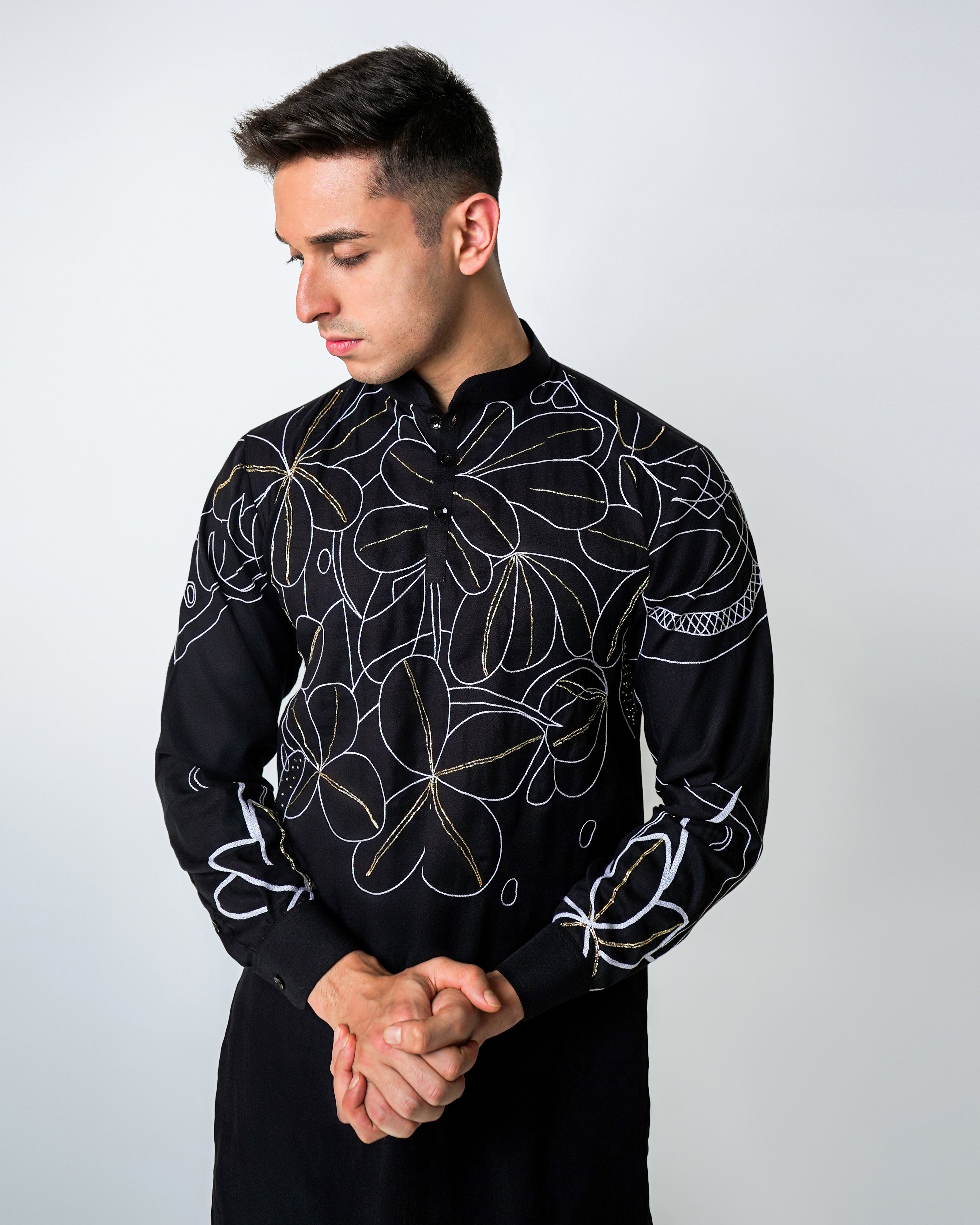 Black Tencel Kurta with lurec ocean florals Handwork kurta set
