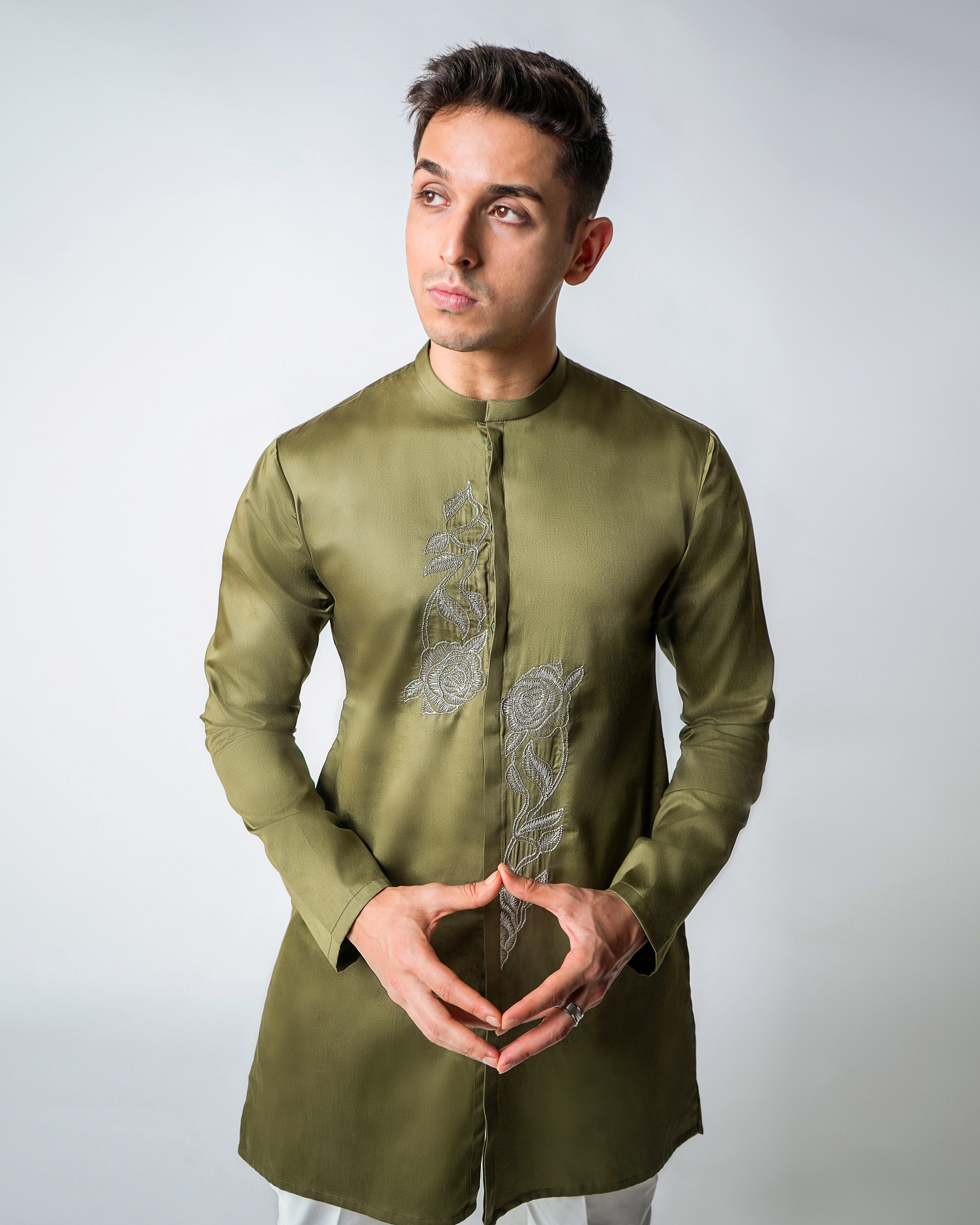 Olive green cotton aaymetric embroidered kurta Set