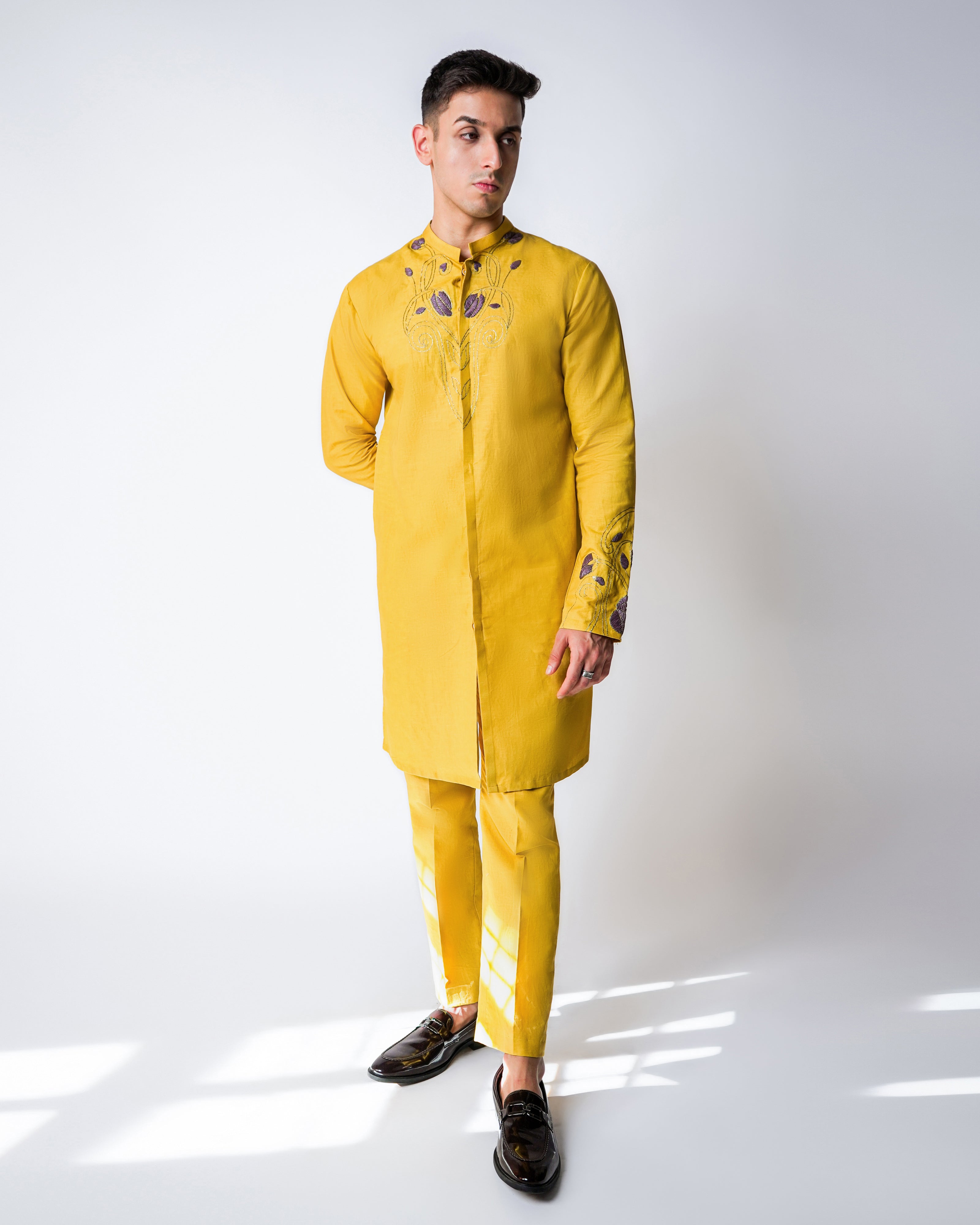Haldi Yellow Linen with purple 3D Raffia and gold hammered Kasab Handwork kurta set