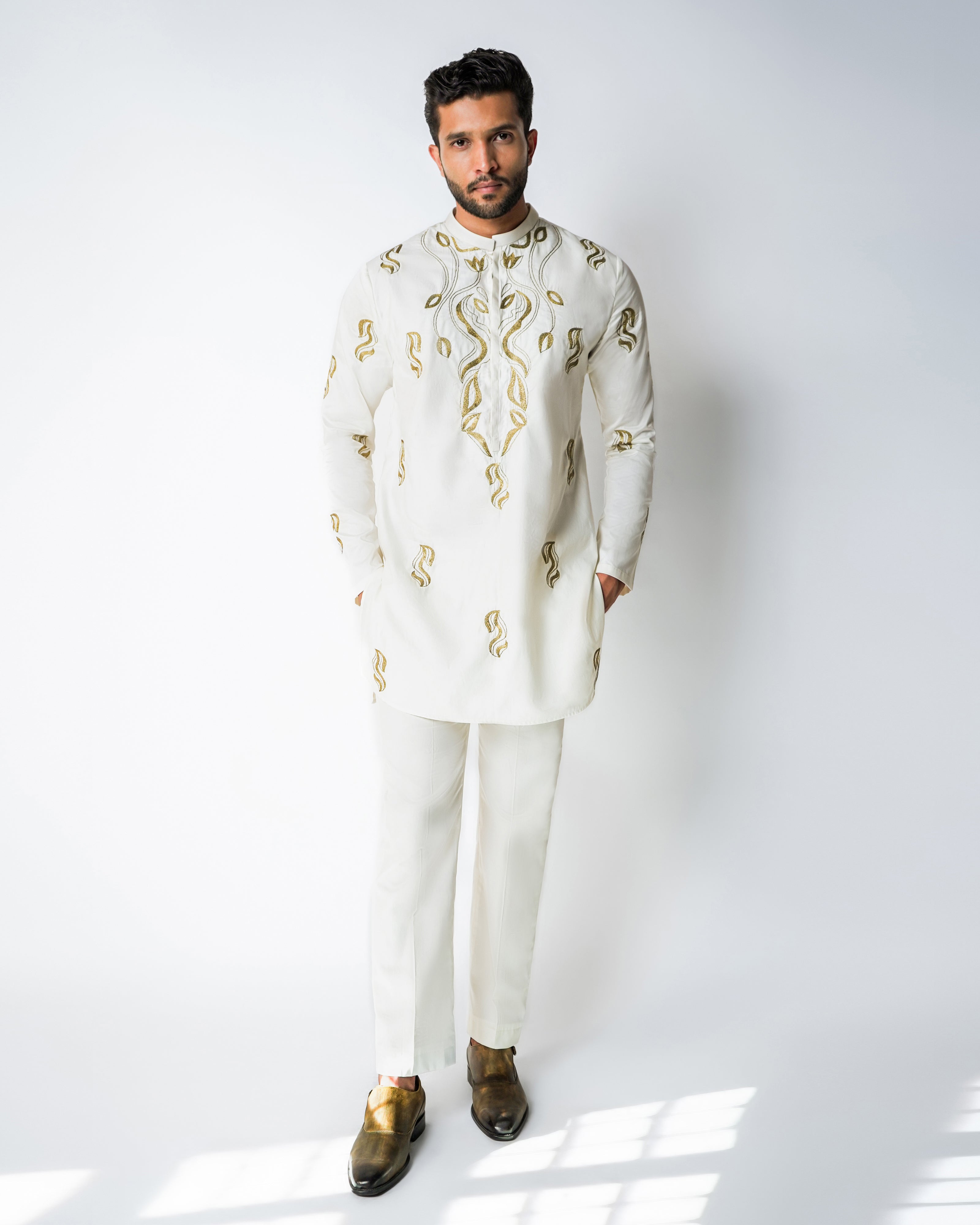 Cream cotton with metallic Kasab Handwork kurta set