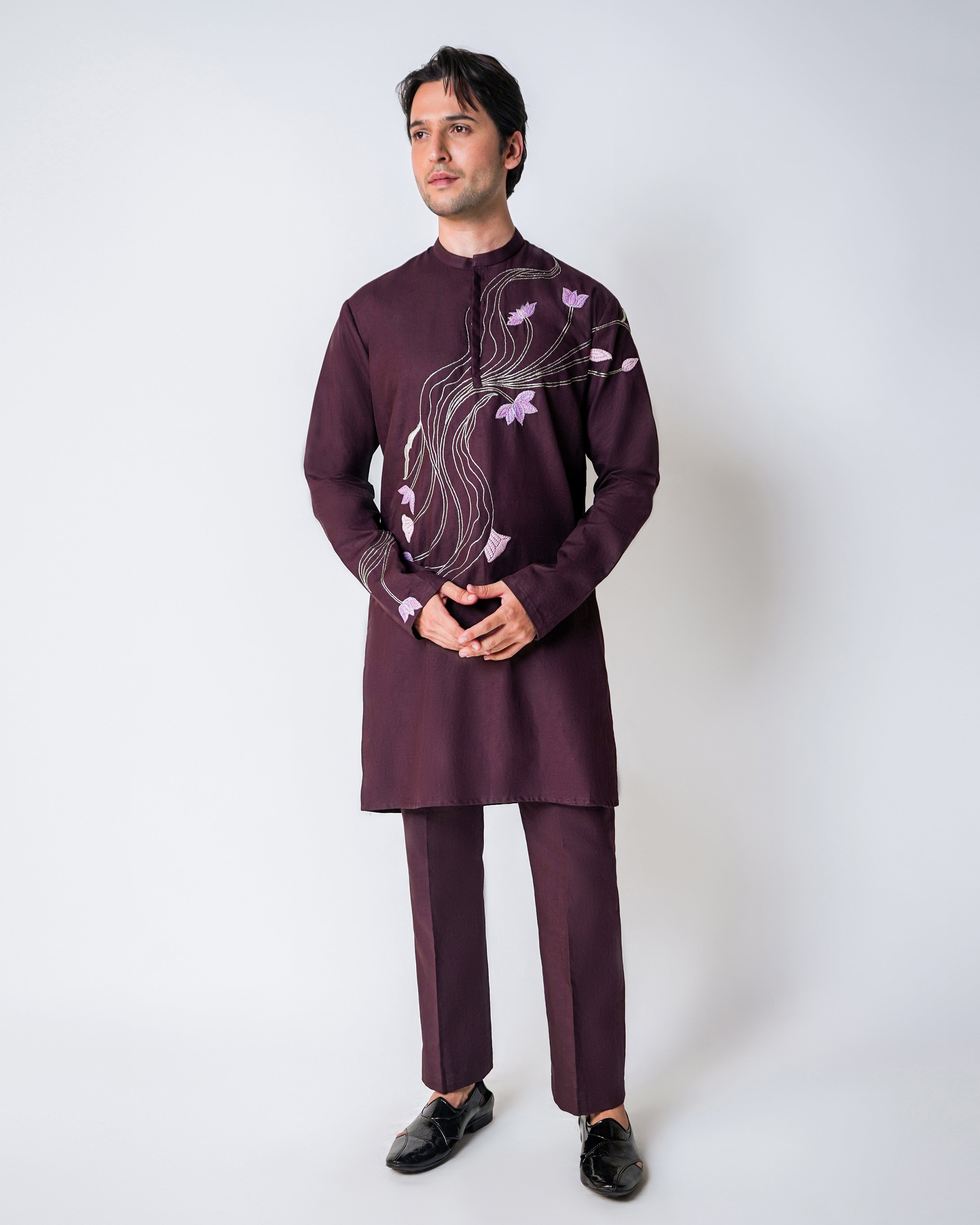 Wine linen with kasab and rafia handwork kurta set