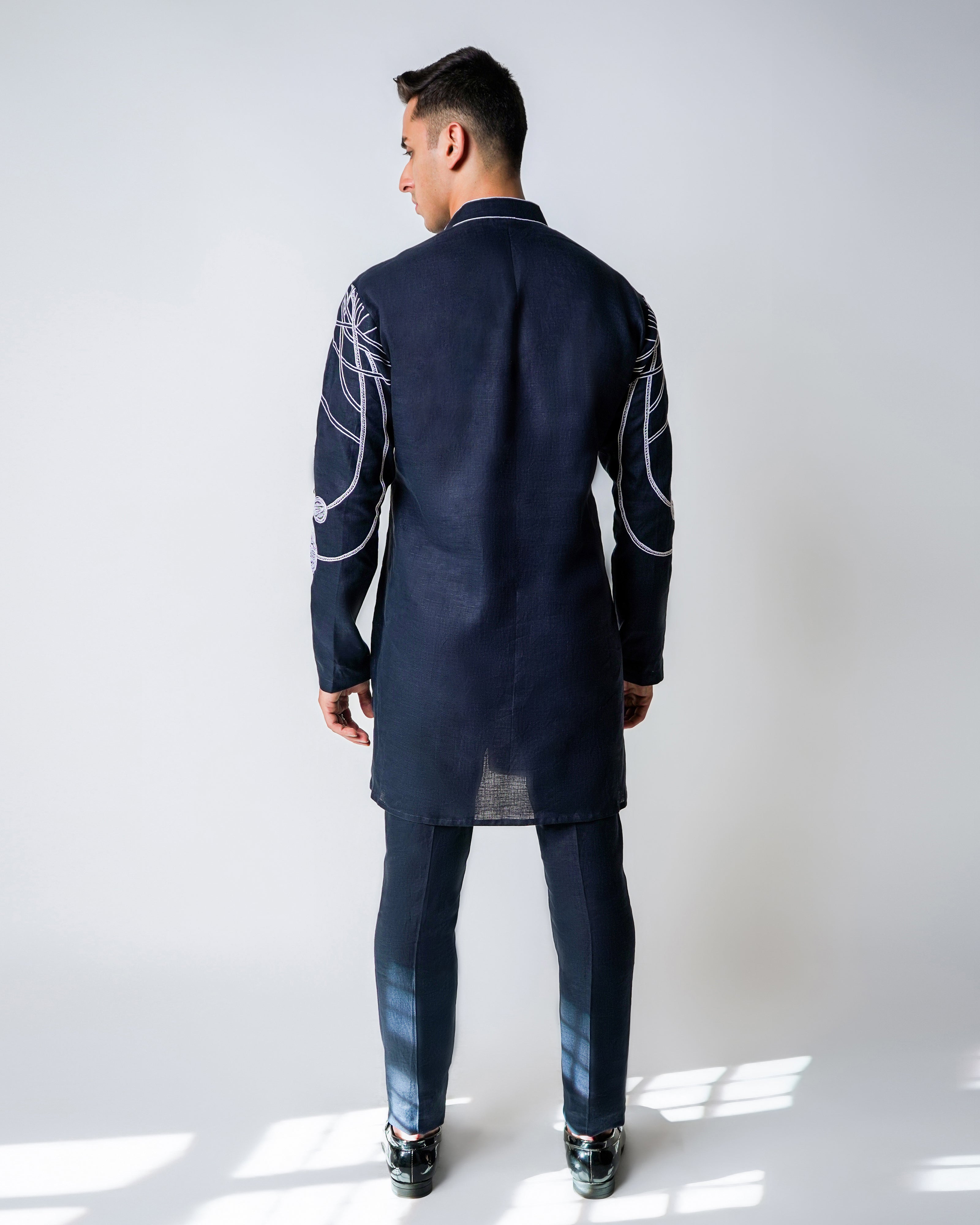 Navy Blue & White Linen Shaded French knot hand embroidery kurta set