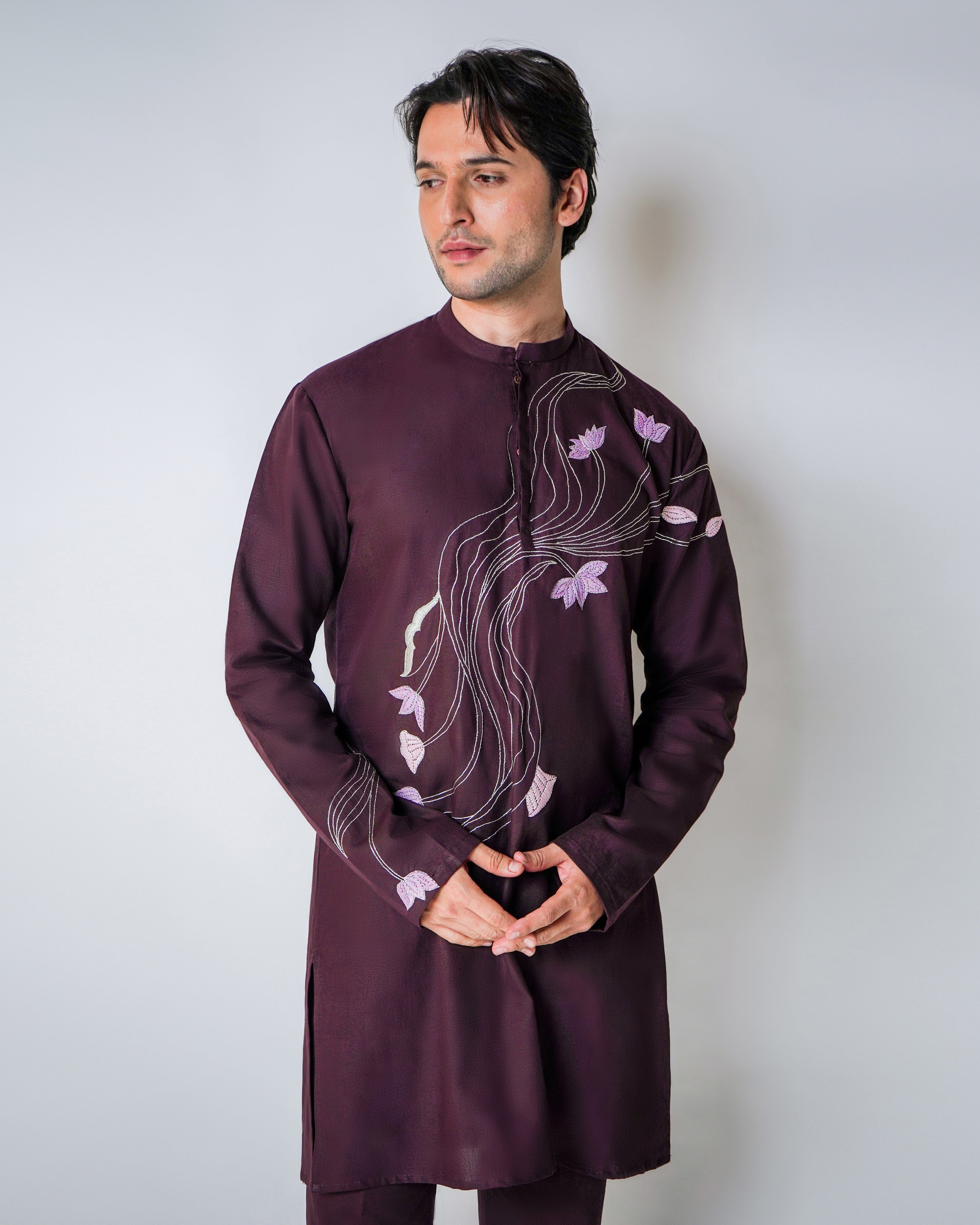 Wine linen with kasab and rafia handwork kurta set