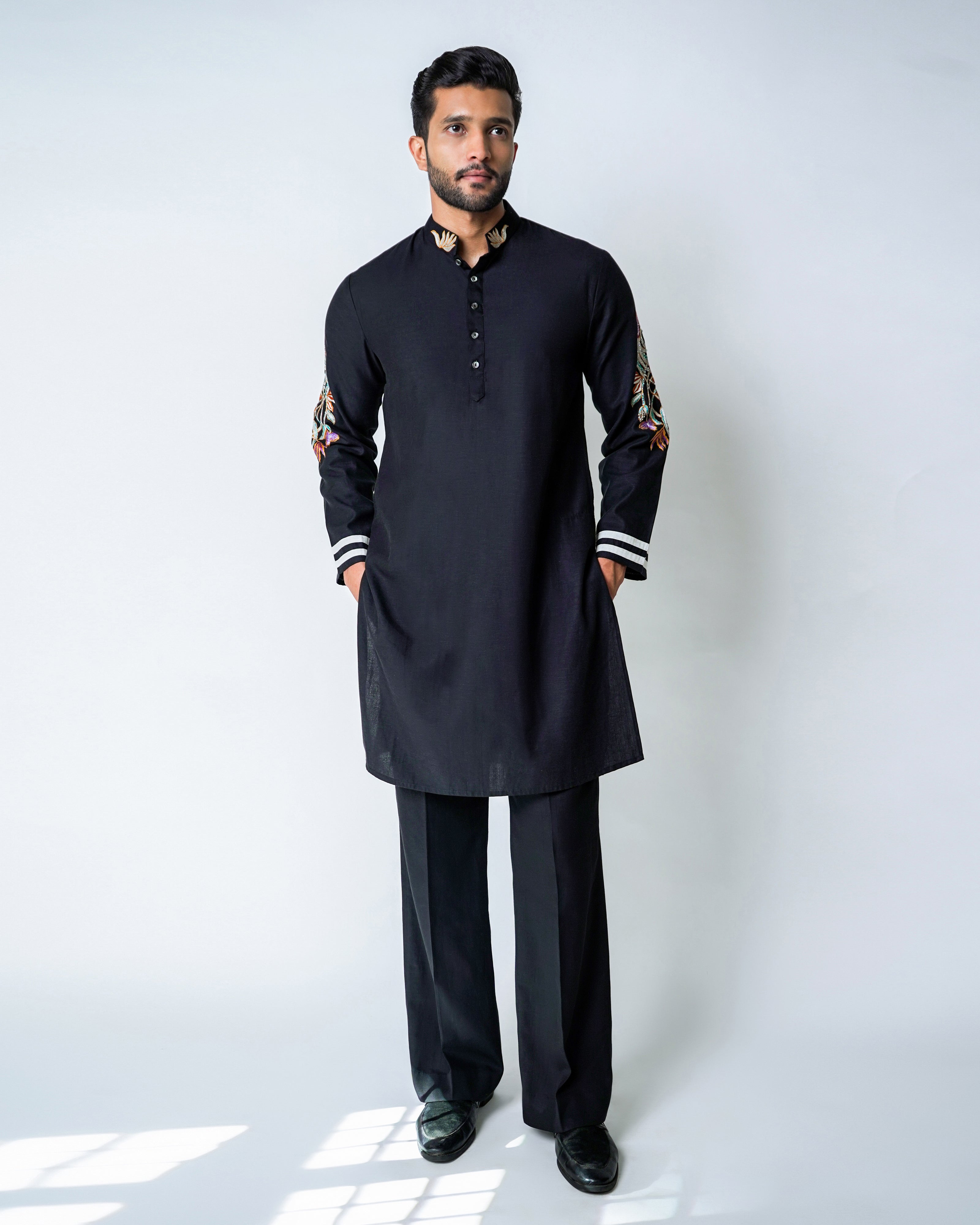 Black Tencel Flax Coral Embroidered Kurta set
