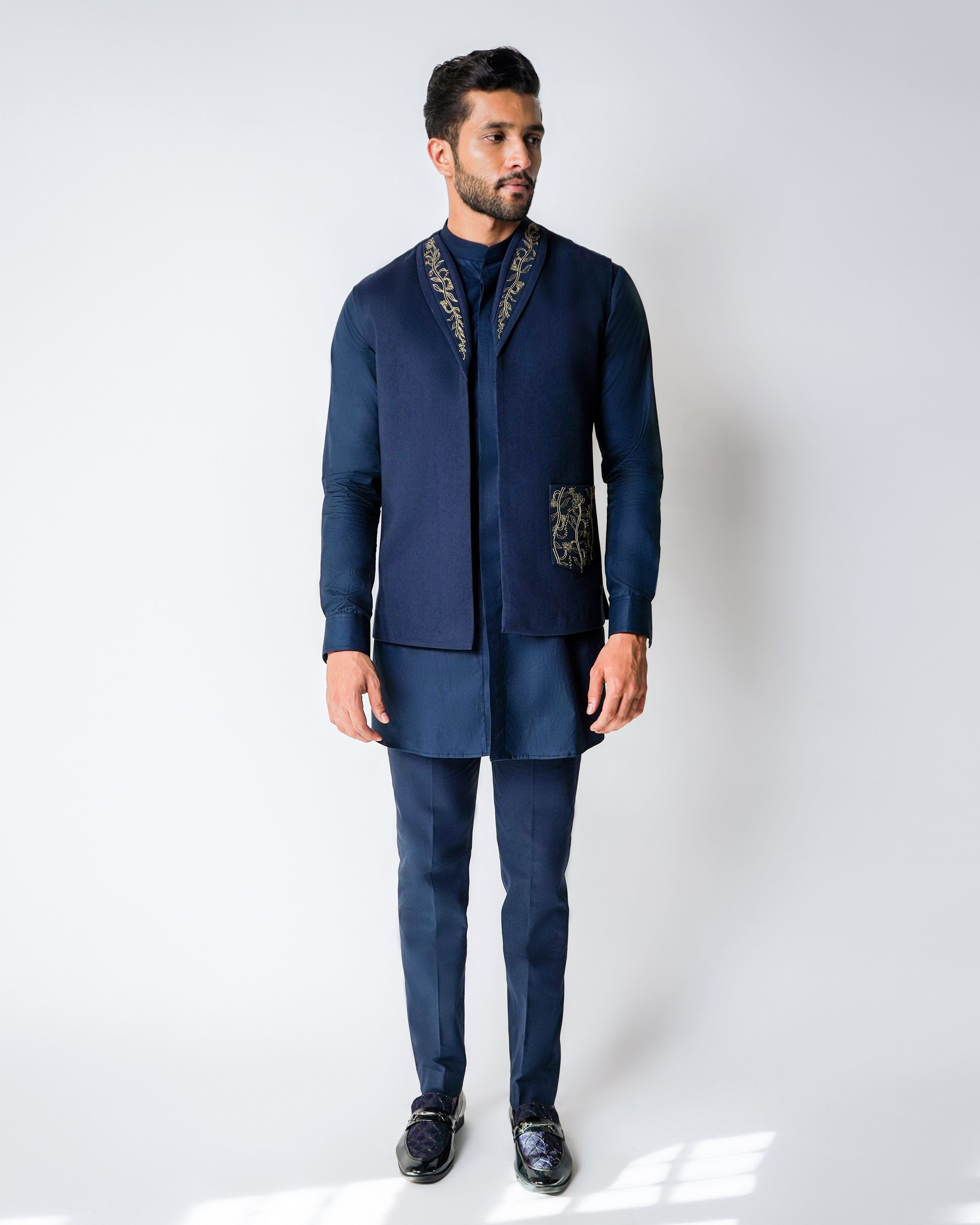 Midnight Sakura - Navy Blue and gold Linen with Kasab Dori Handwork bundi set