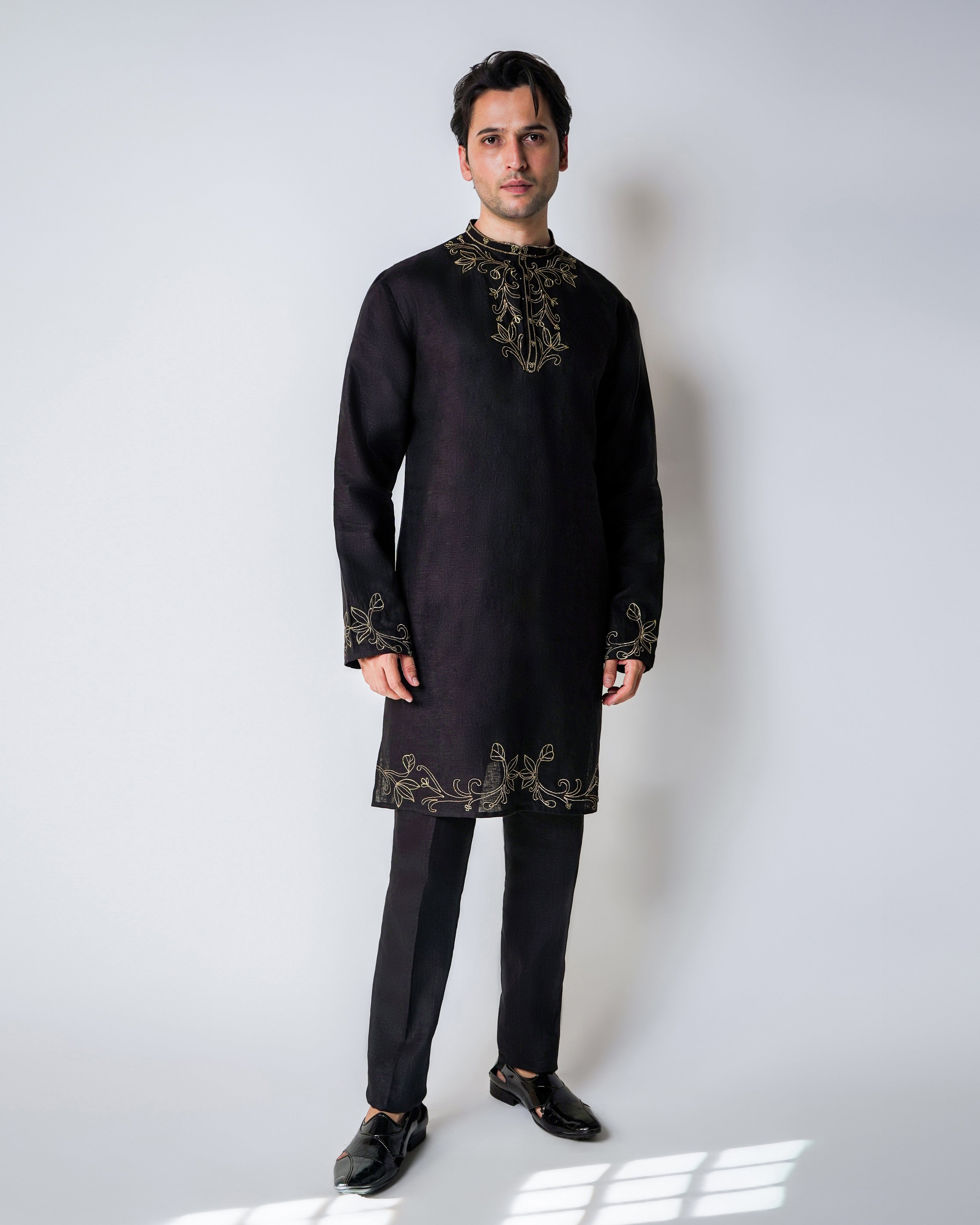 Black Linen Gold Dori Handwork Kurta Set