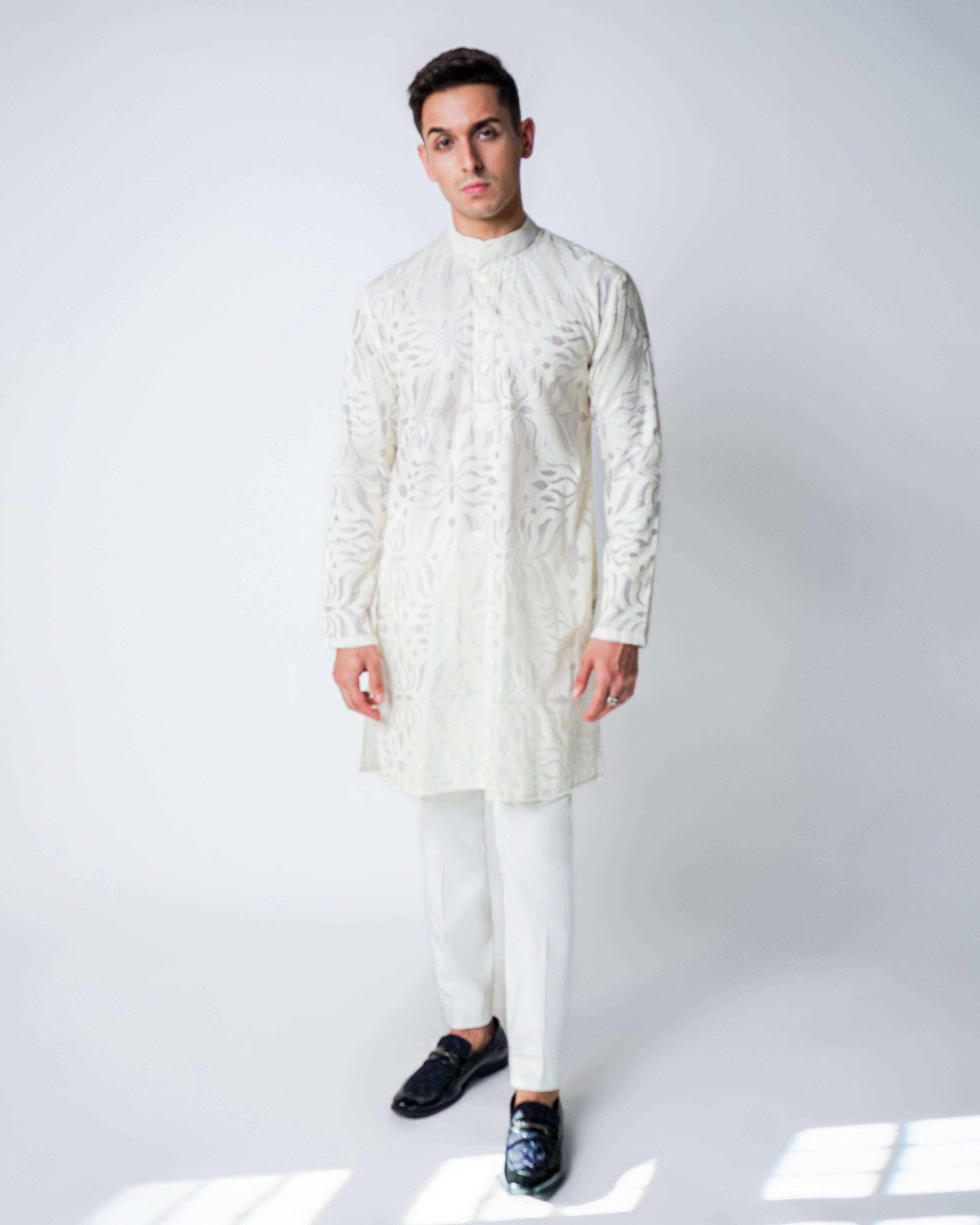 Cream Self Embroidered Silk Kurta Set