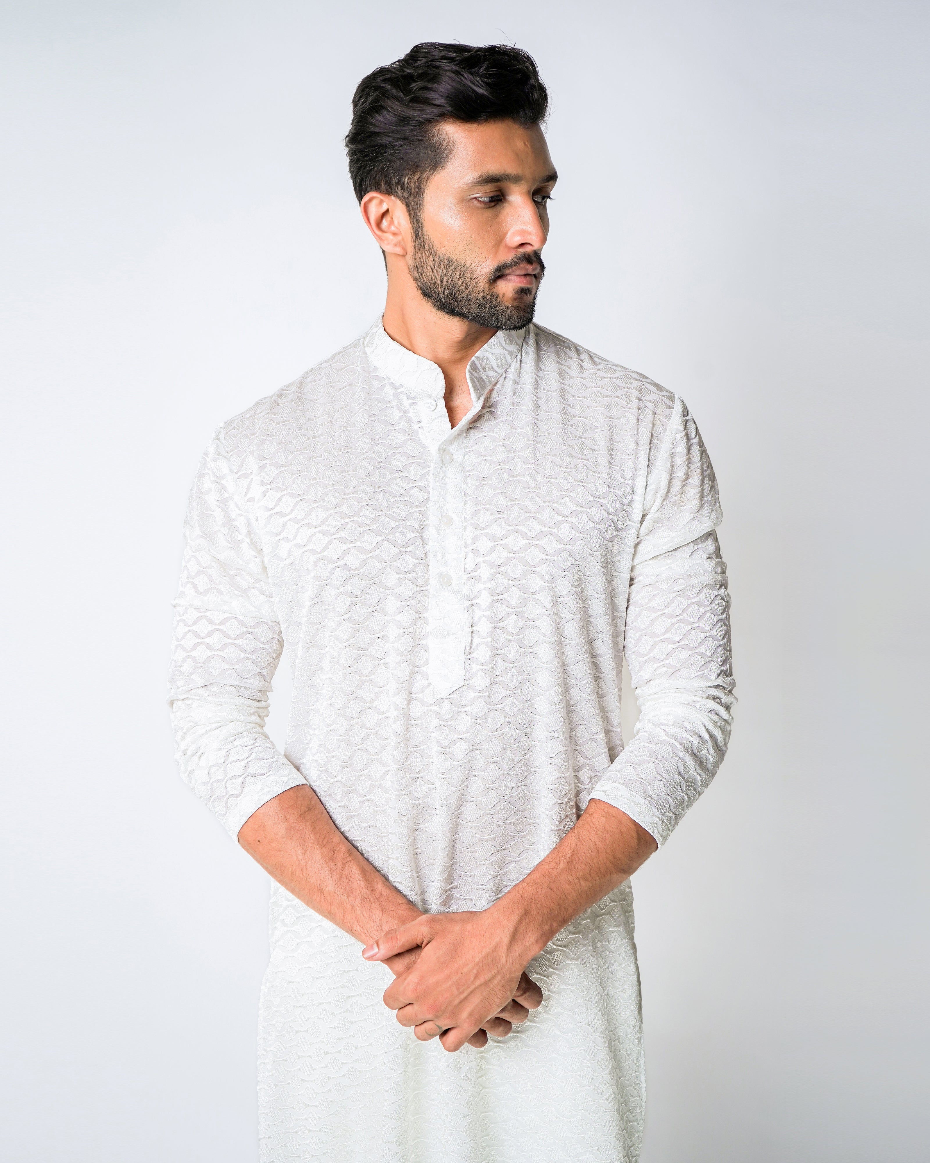 Ivory Repeat Geometric Self Embroidered Silk Kurta Set